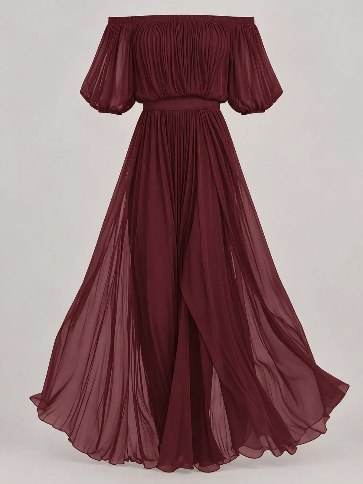 Burgundy off shoulder ruched chiffon maxi dress, front view