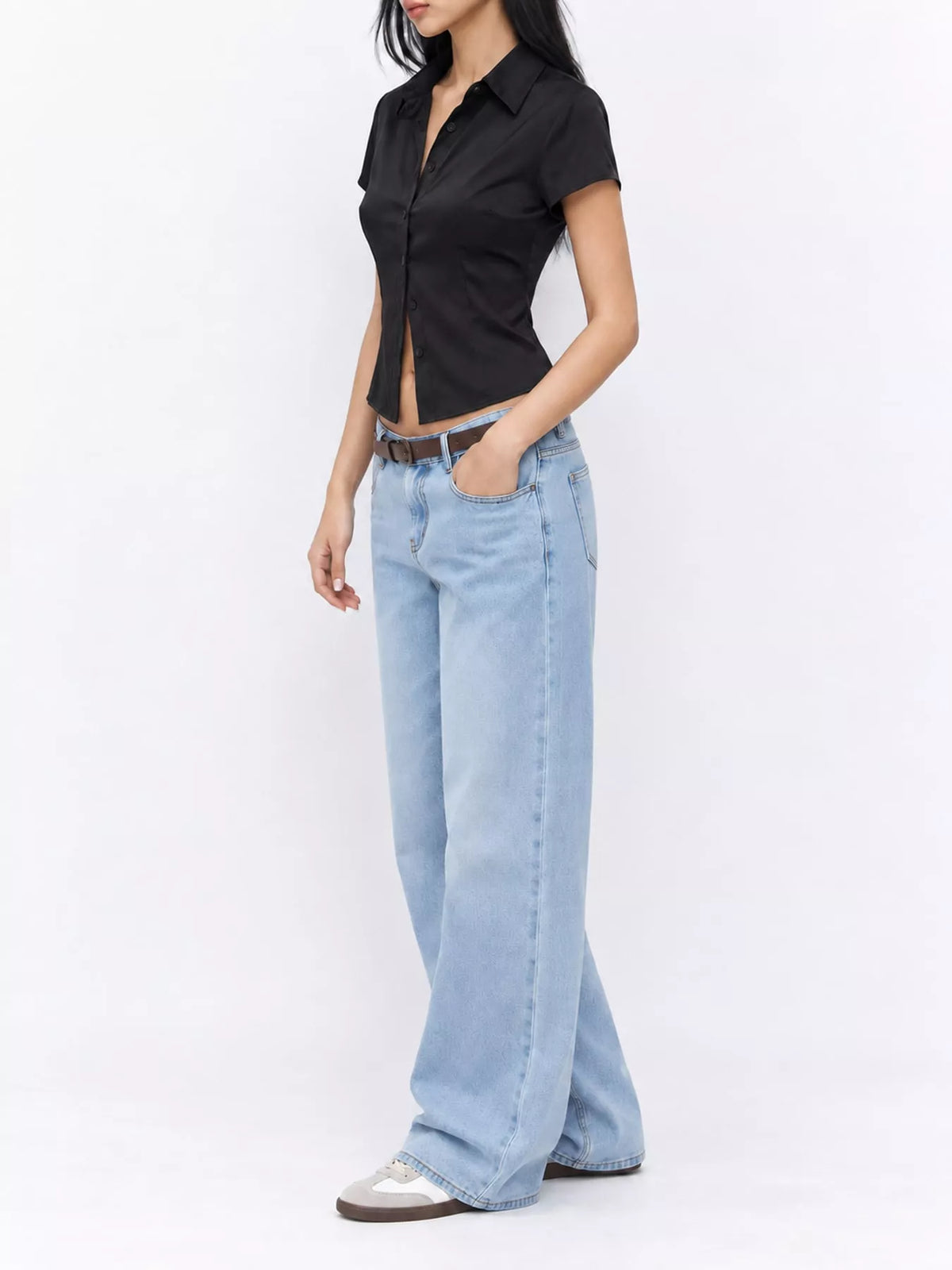 Satin Short Sleeve Button-Down Shirt in black