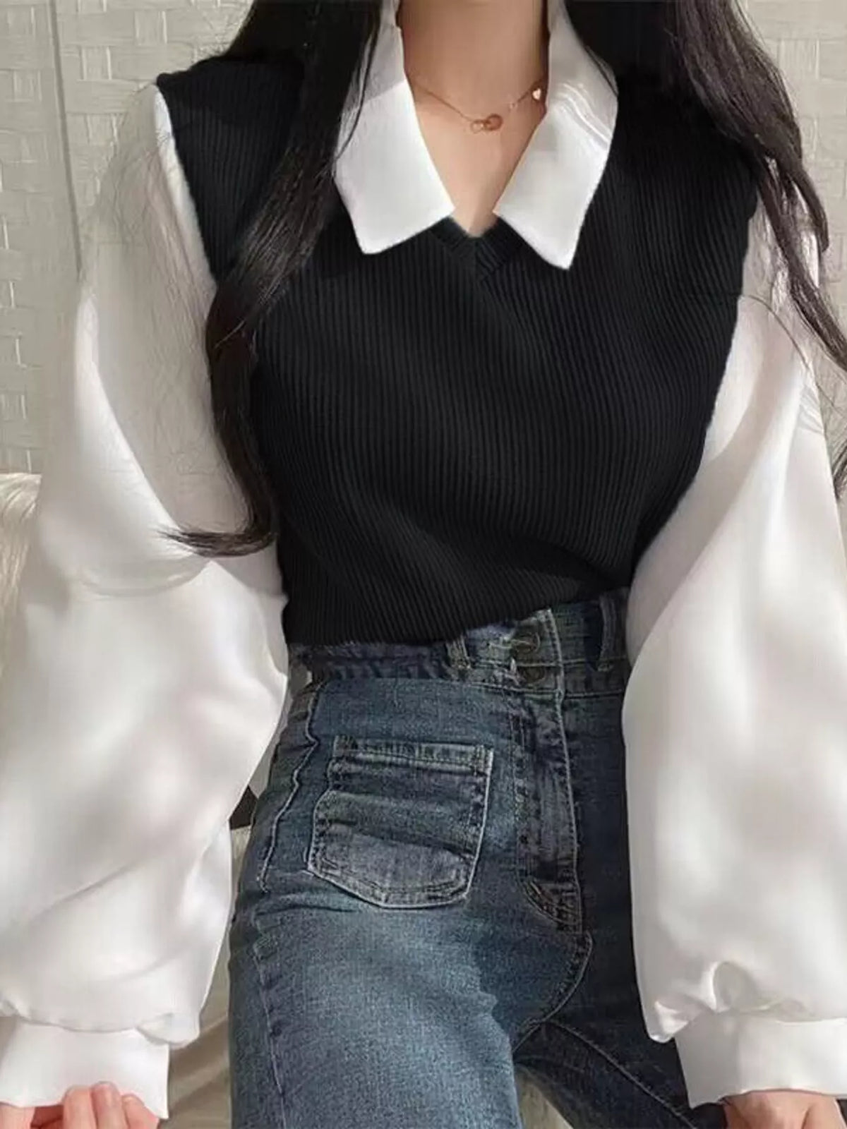 Layered blouse, black and white front