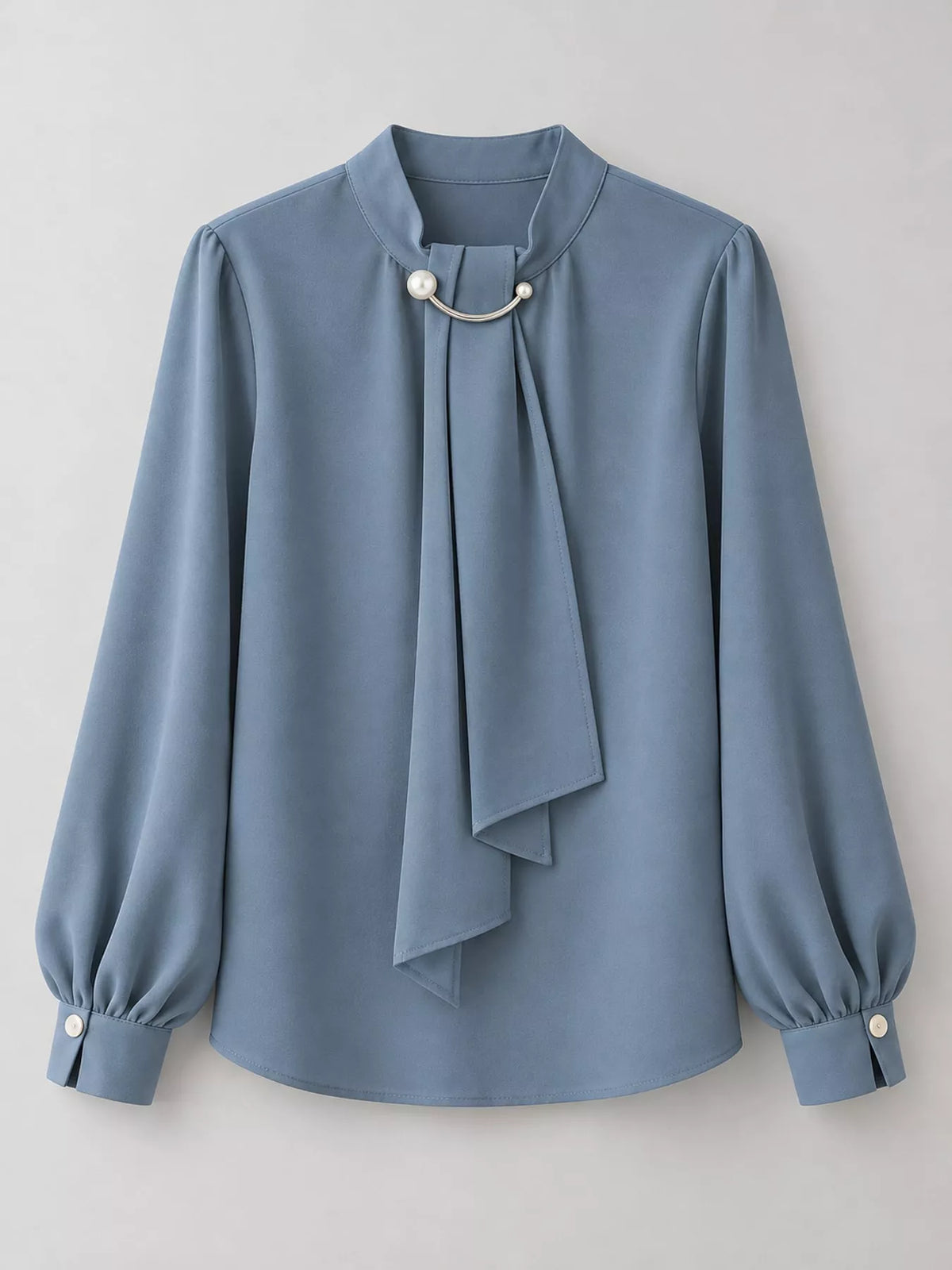 Mock Neck Blouse with Pearl Accent and Lantern Sleeves in blue
