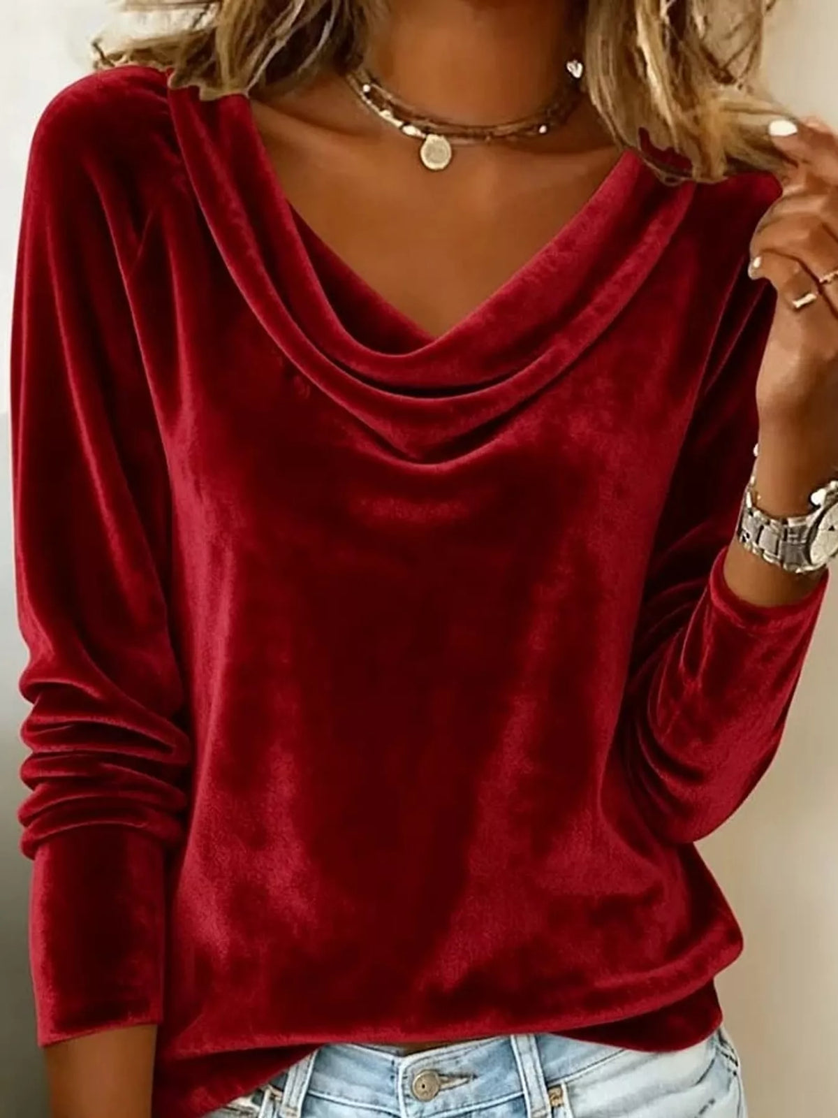 Red velvet cowl neck long sleeve t shirt, front view