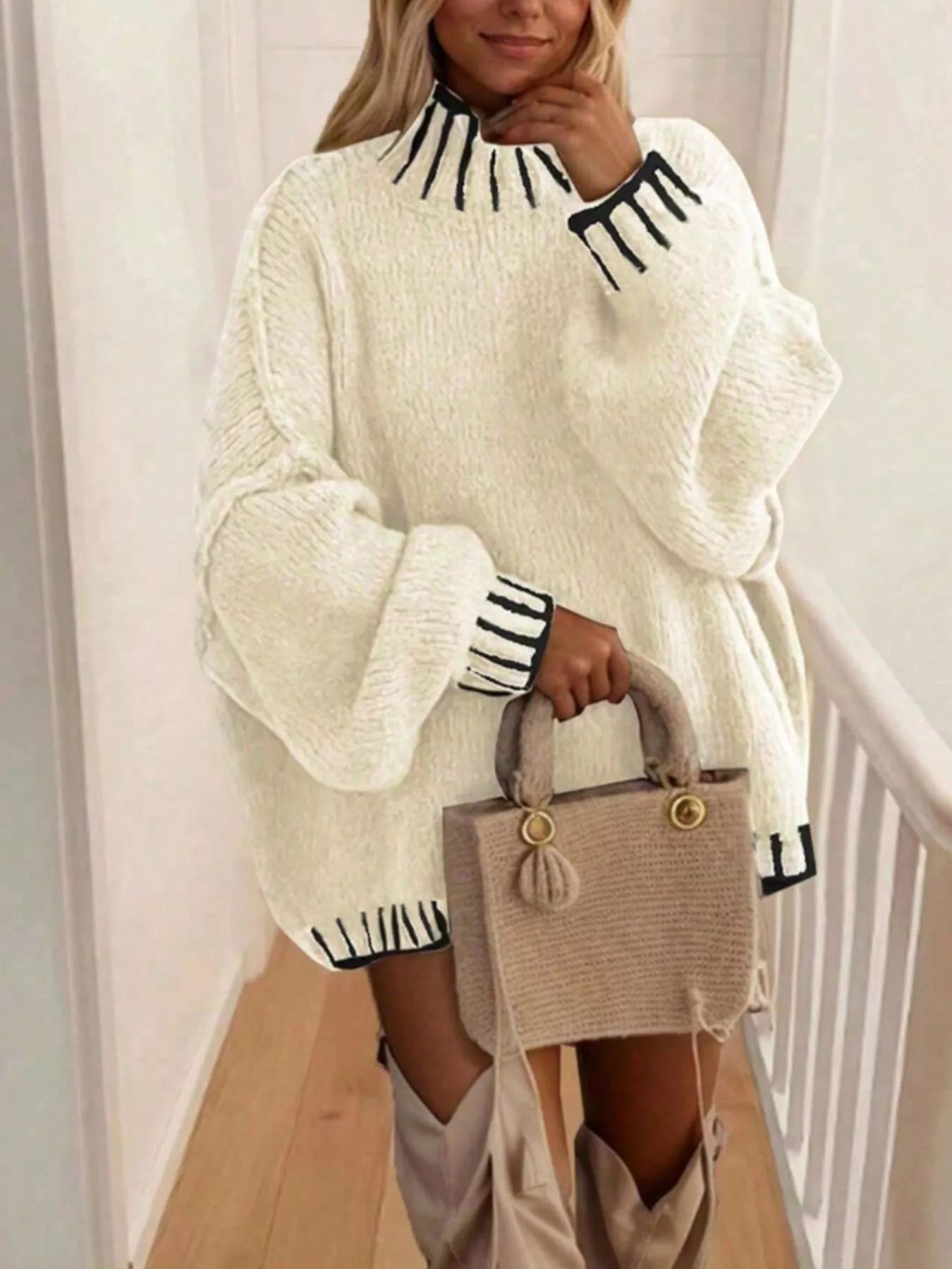 Trendsi Contrast Trim Chunky Knit Sweater -