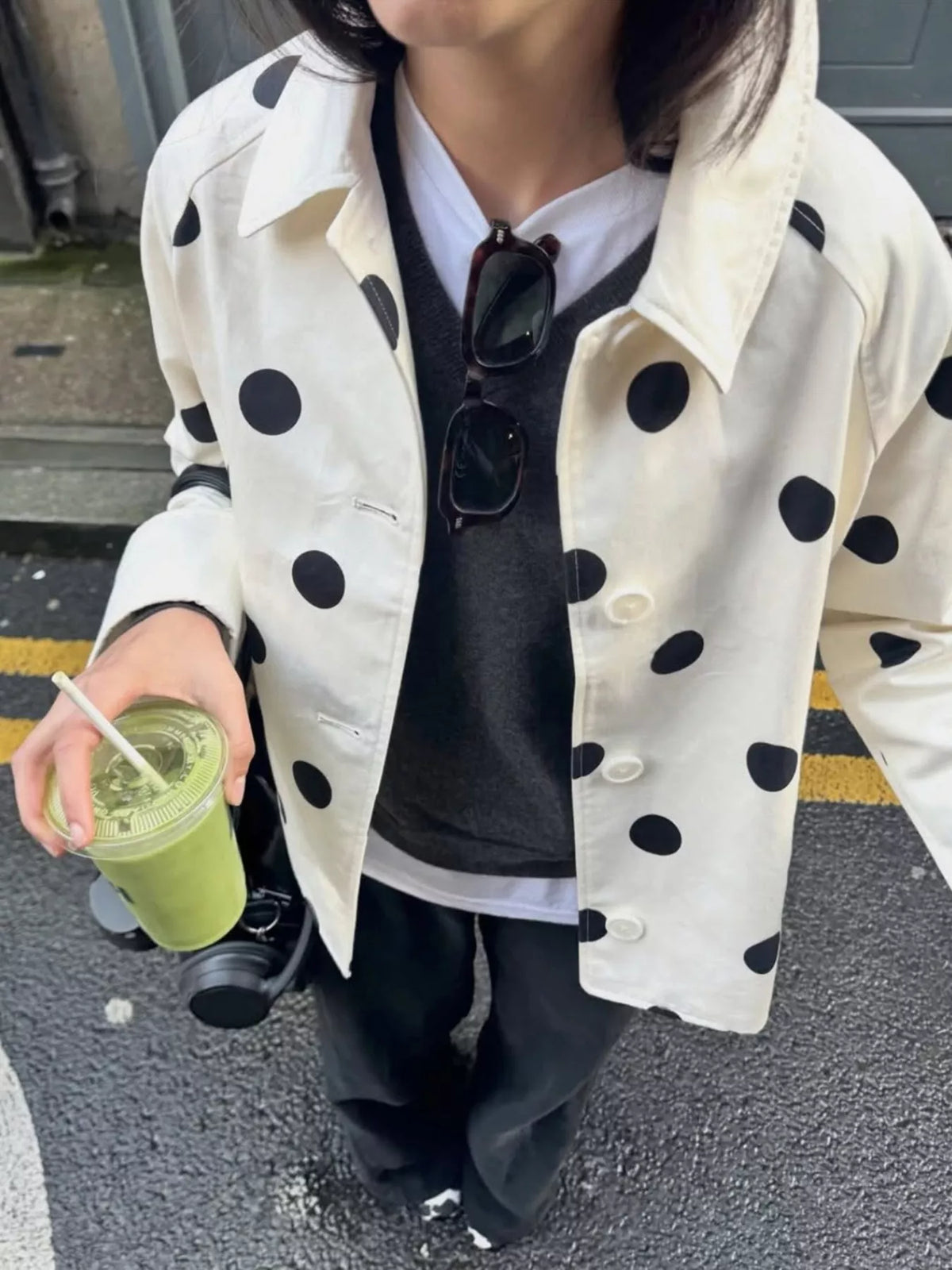 Polka Dot Button-Down Jacket in white, front view
