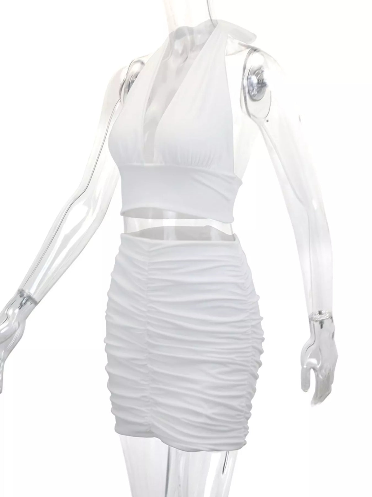 White halter crop top and ruched bodycon mini skirt set, side view