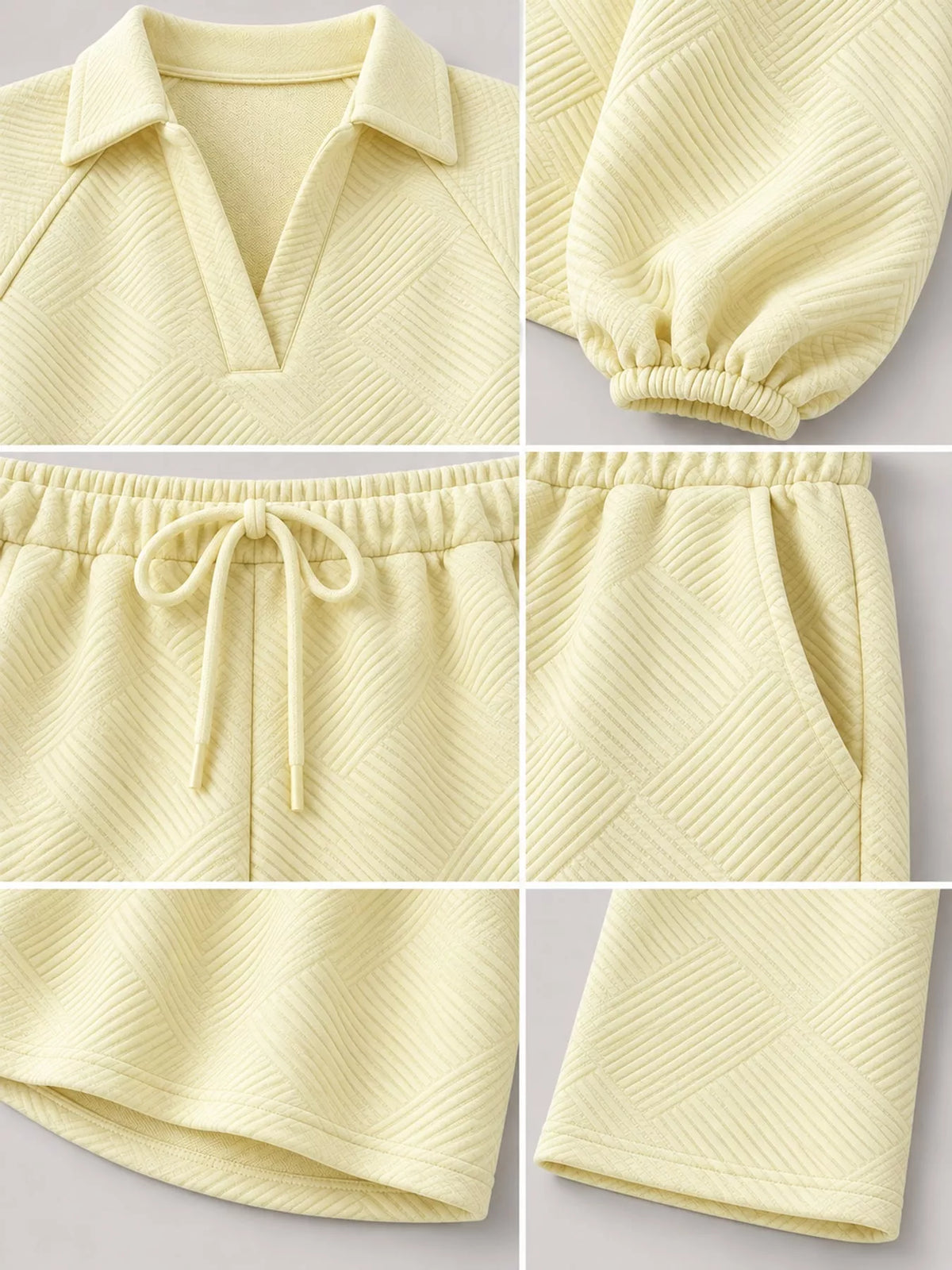 Yellow textured polo collar top and wide-leg pants set — design and construction details