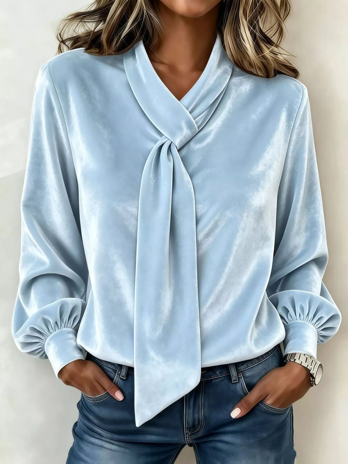 Blue velvet tie-neck blouse