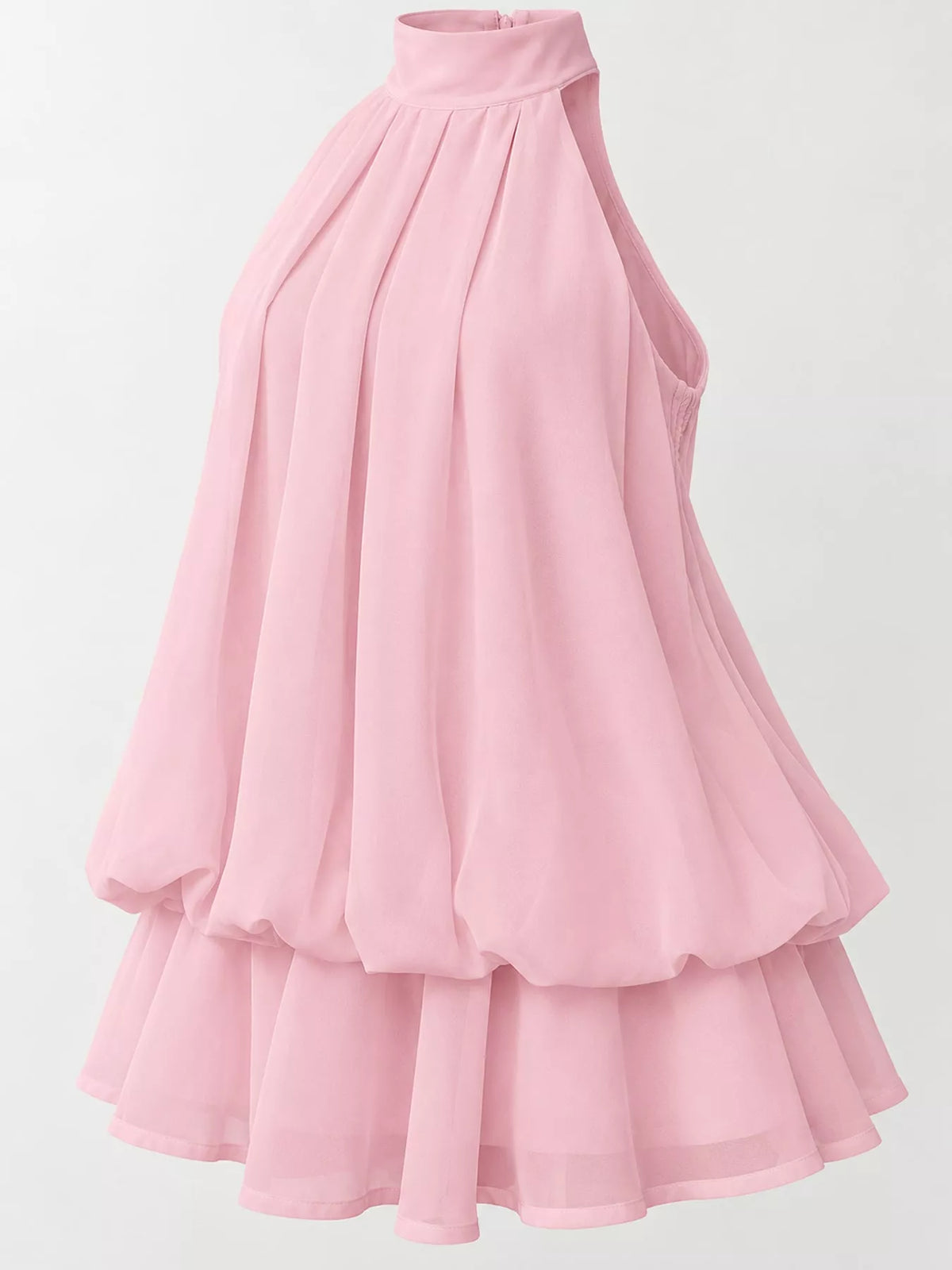 Pink halter neck layered mini dress, layered skirt detail