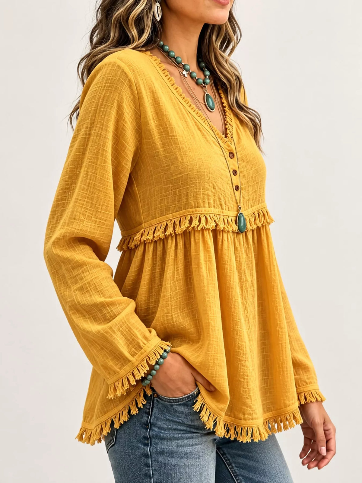 Fringe-trim blouse, mustard side