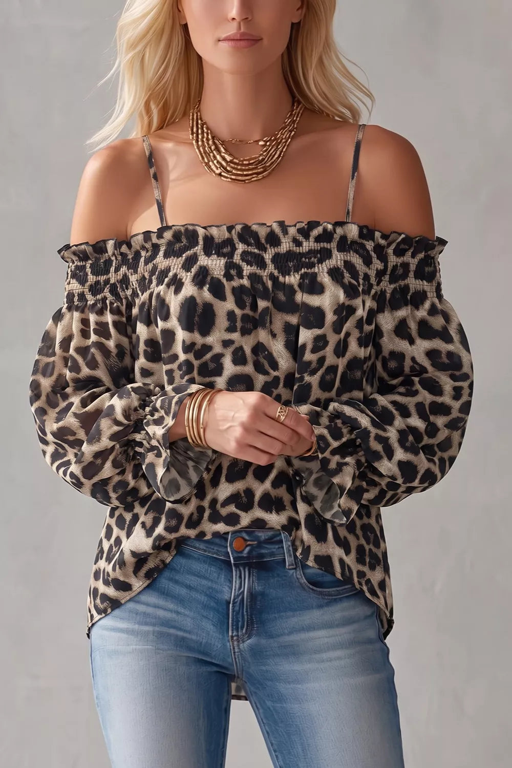 Trendsi Spaghetti Strap Leopard Long Sleeve Blouse -