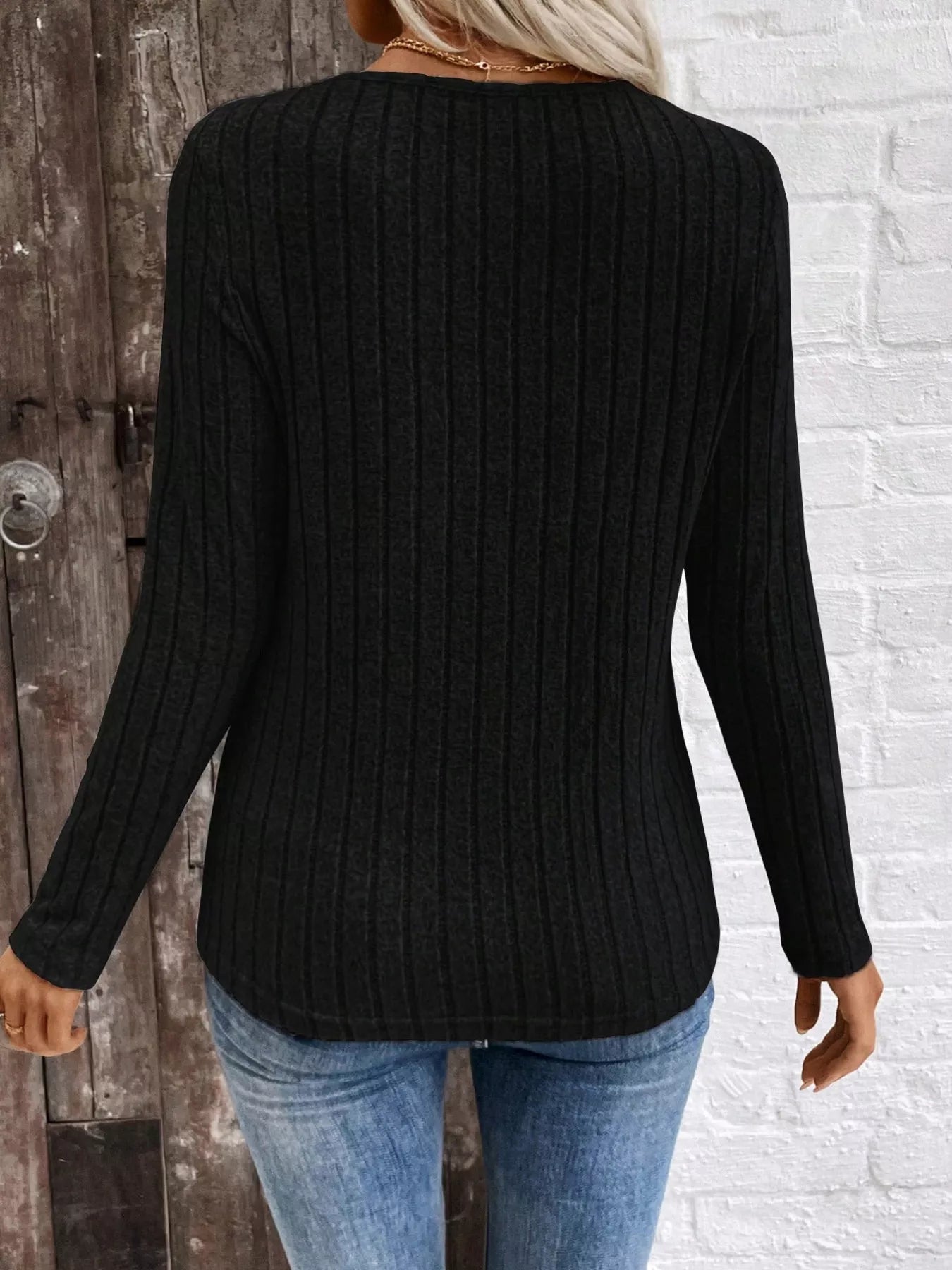 Trendsi Ribbed V-Neck Long Sleeve T-Shirt -