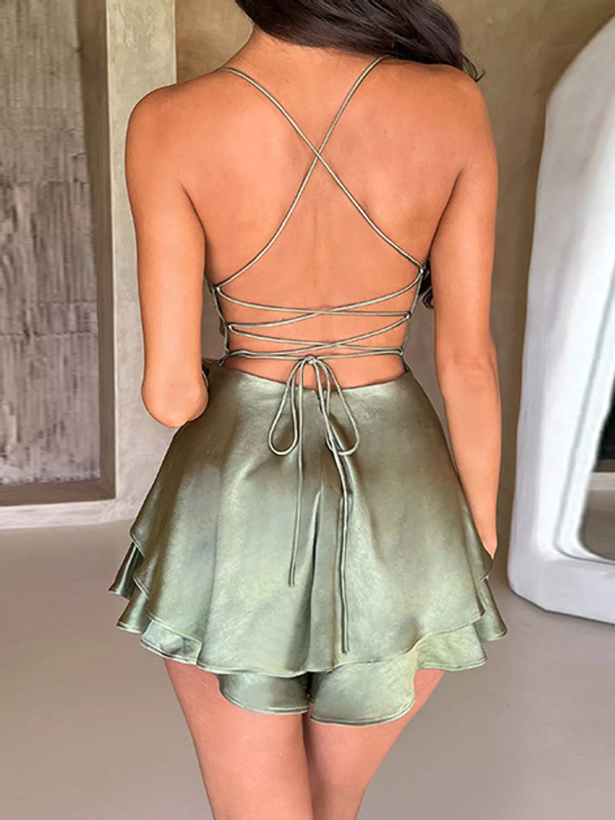 Cowl neck spaghetti-strap mini dress, back view