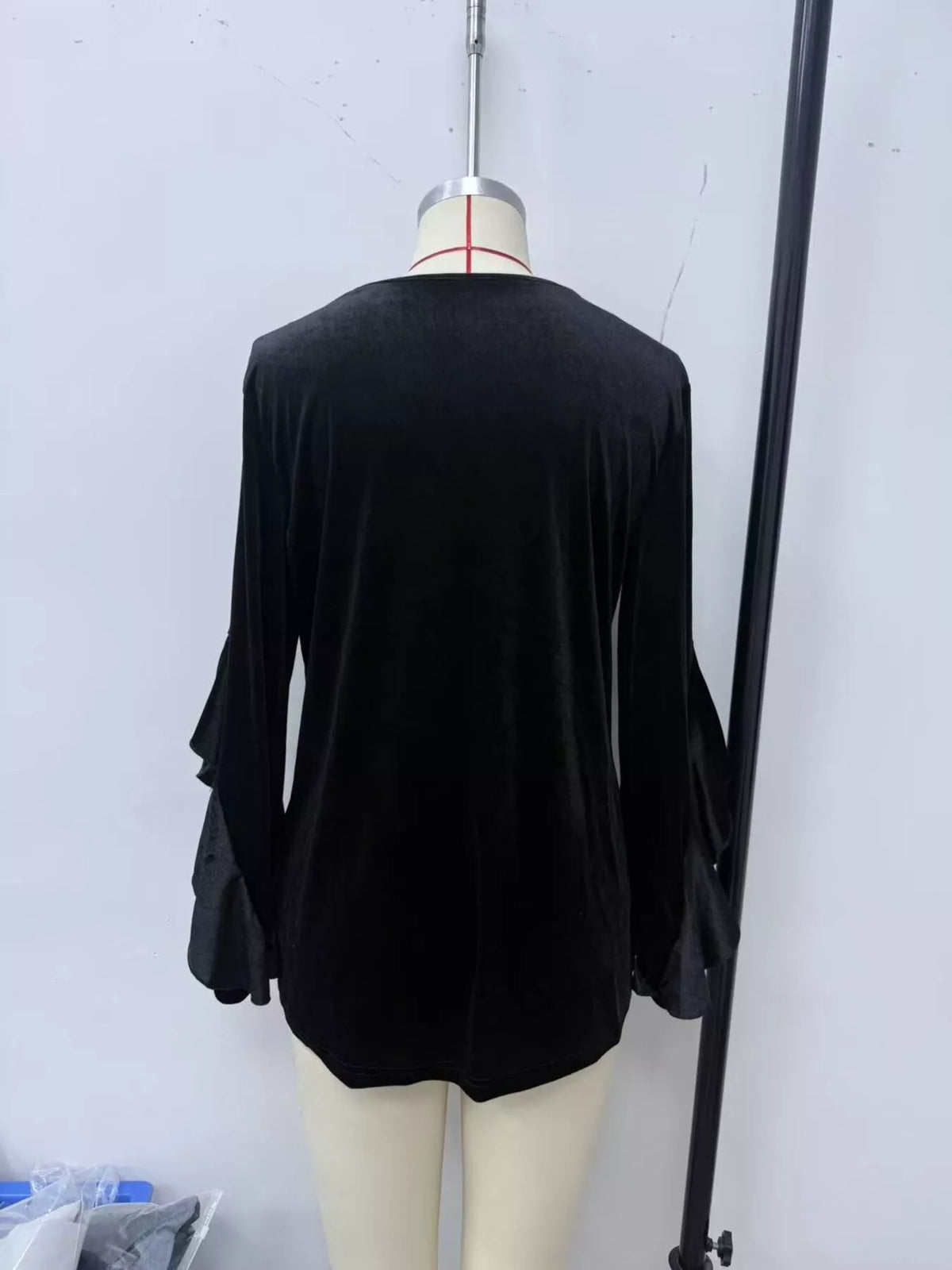 Women's Velvet Round Neck Ruffle Sleeve Top in Burgundy, back view