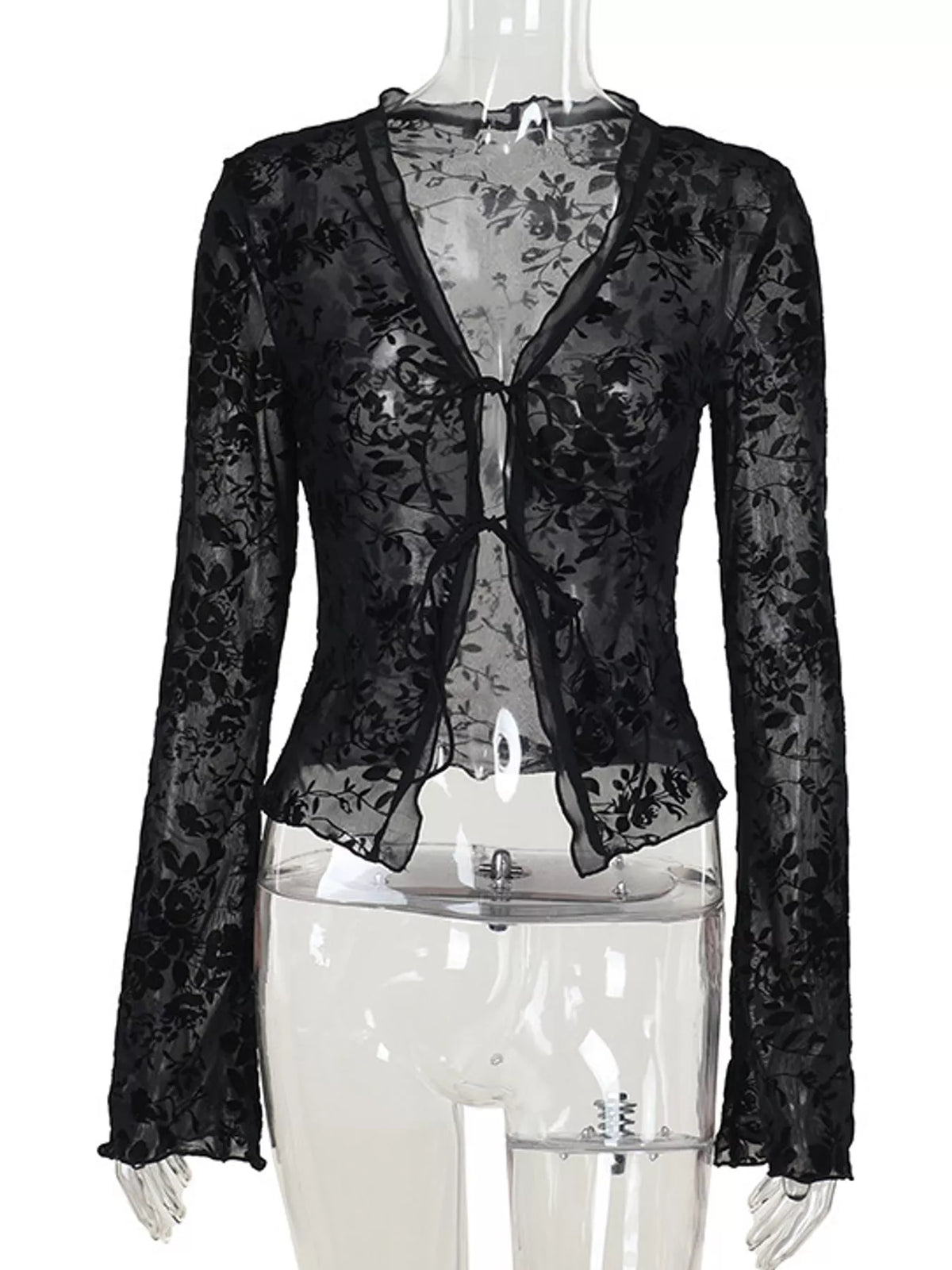 Sheer Floral Tie-Front Flare Sleeve Top in black
