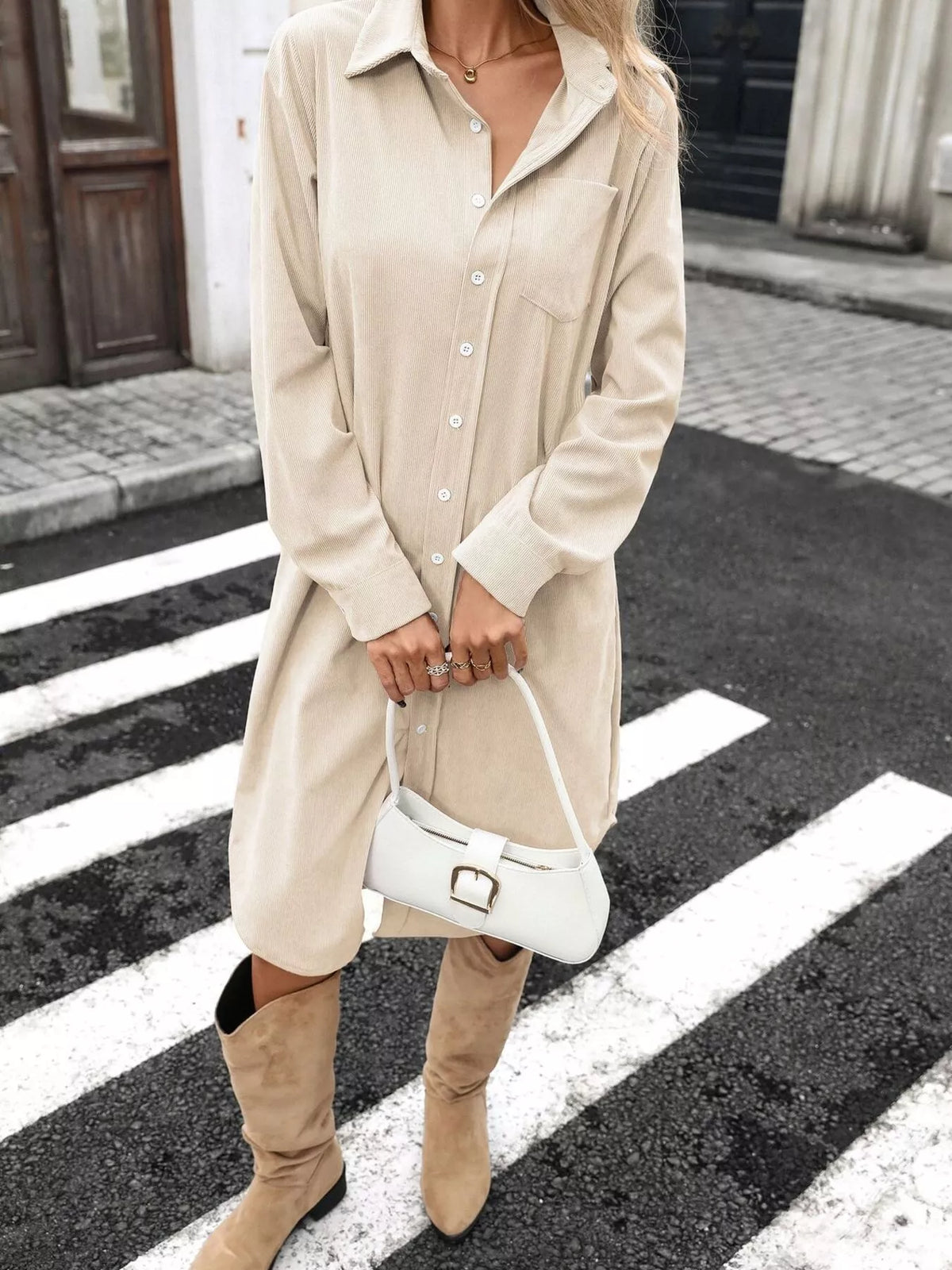 Trendsi Corduroy Shirt Dress with Button-Down Front -