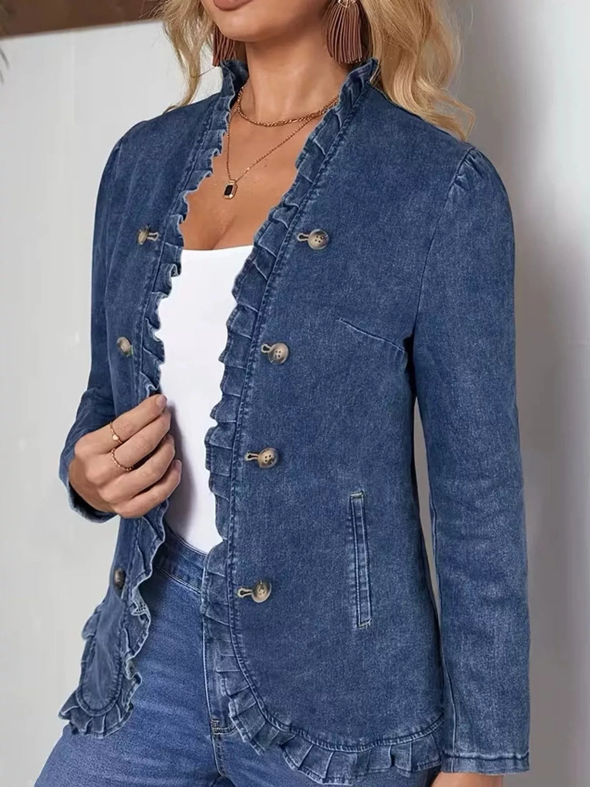 Blue ruffle trim long sleeve denim jacket
