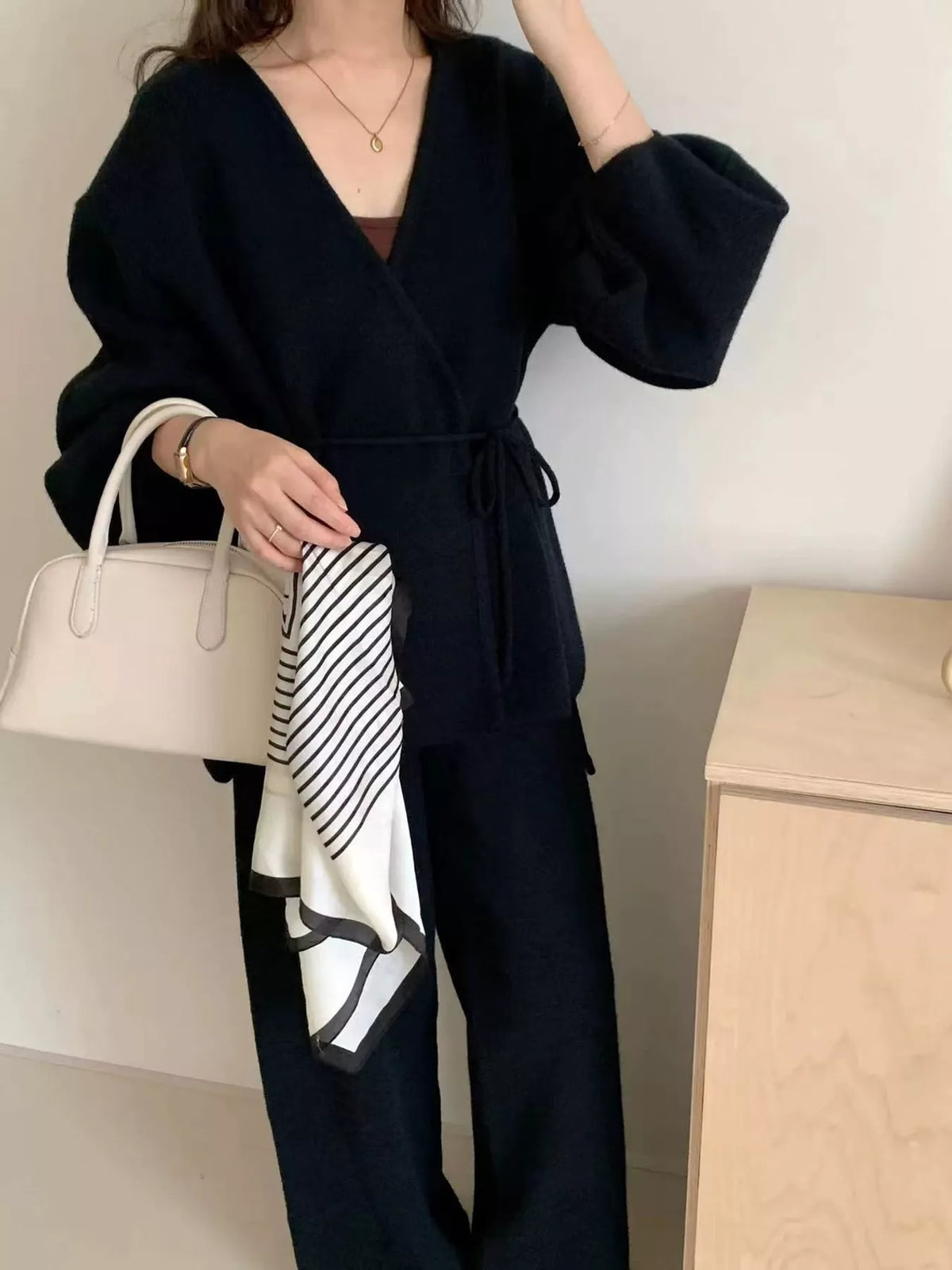 V-Neck Wrap Cardigan and Wide-Leg Pants Sweater Set in navy blue