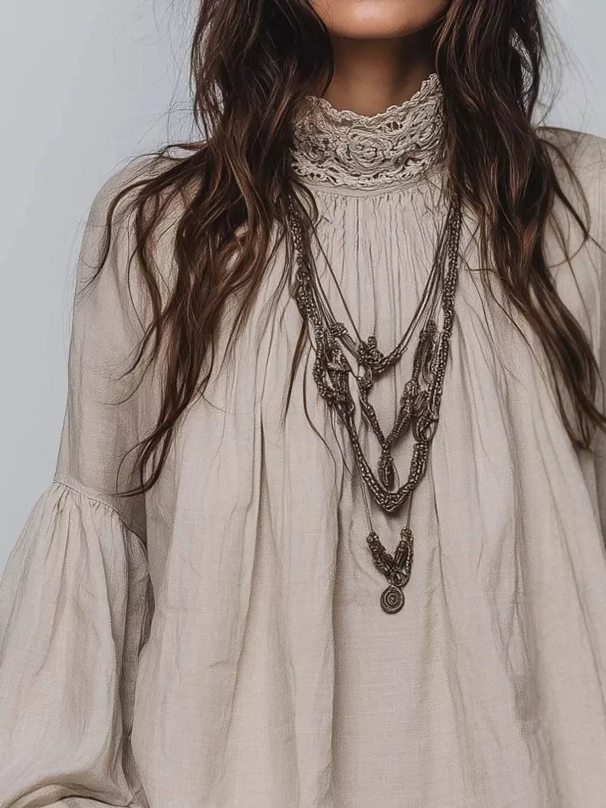 Oatmeal lace mock neck long sleeve blouse