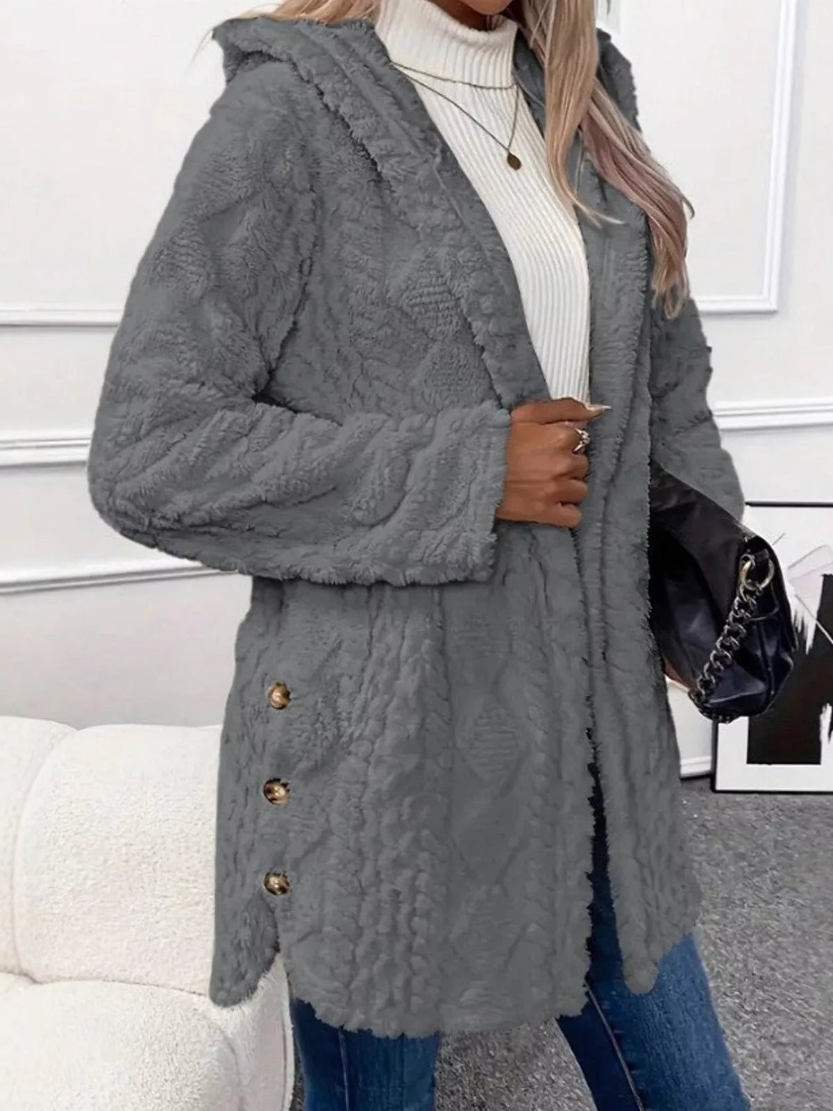 Gray cable knit faux fur hooded jacket