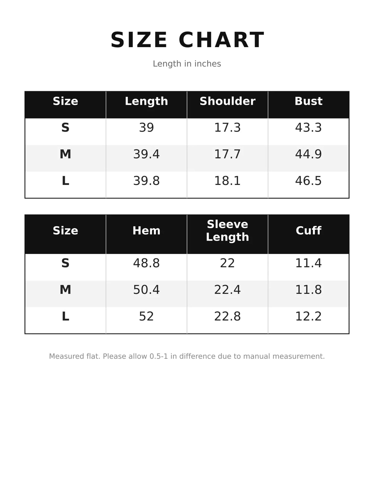 Size chart for single-breasted trench coat