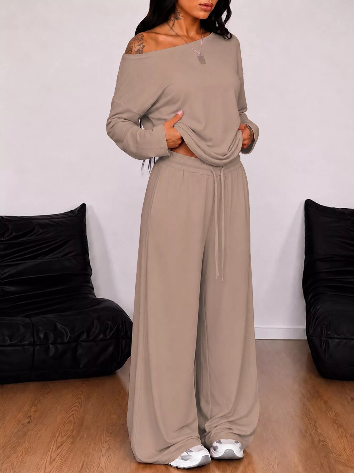 Off-Shoulder Striped Long Sleeve Top and Wide Leg Pants Set in light coffee