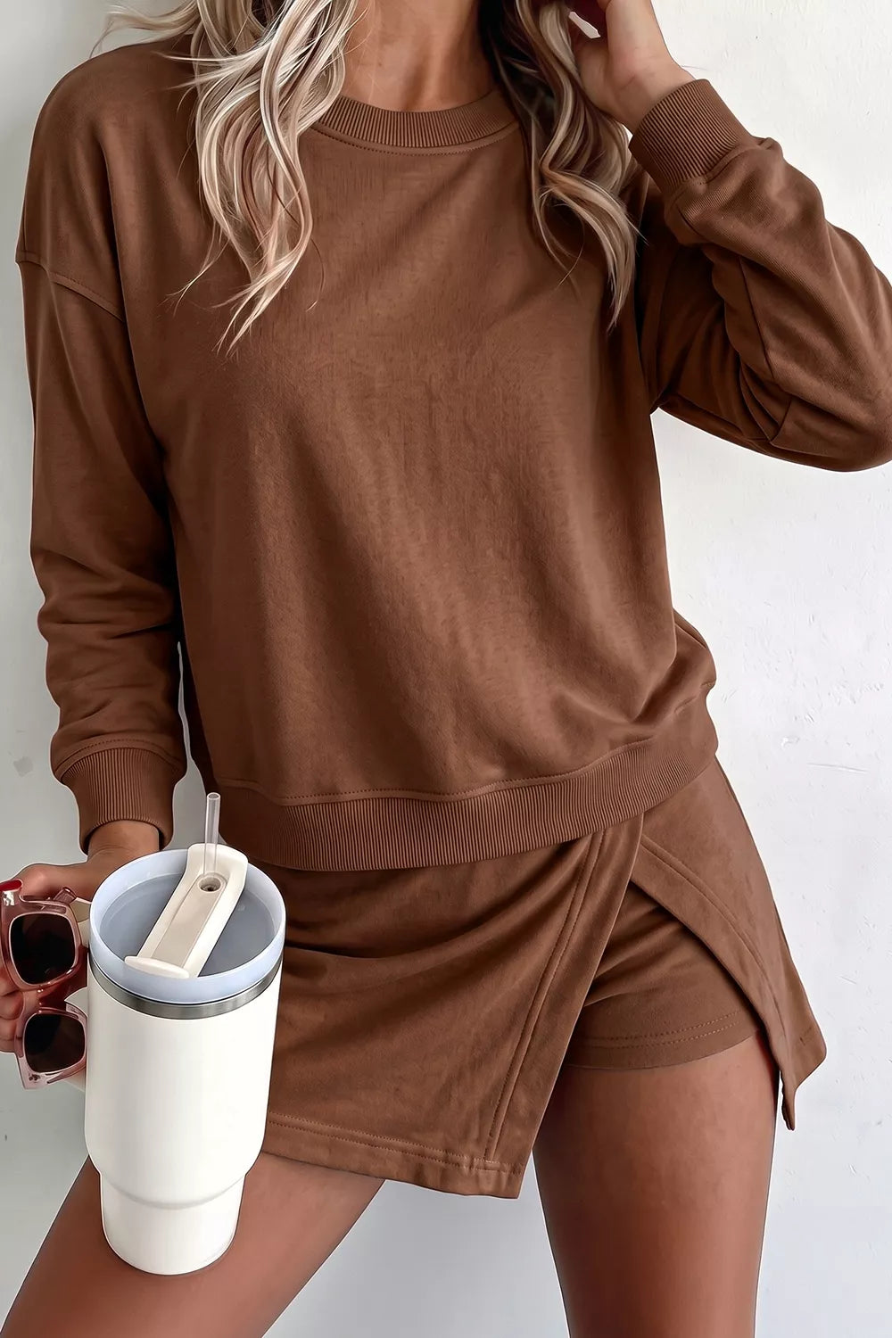 Trendsi Solid Color Long Sleeve Top Split Skort 2pcs Outfit -