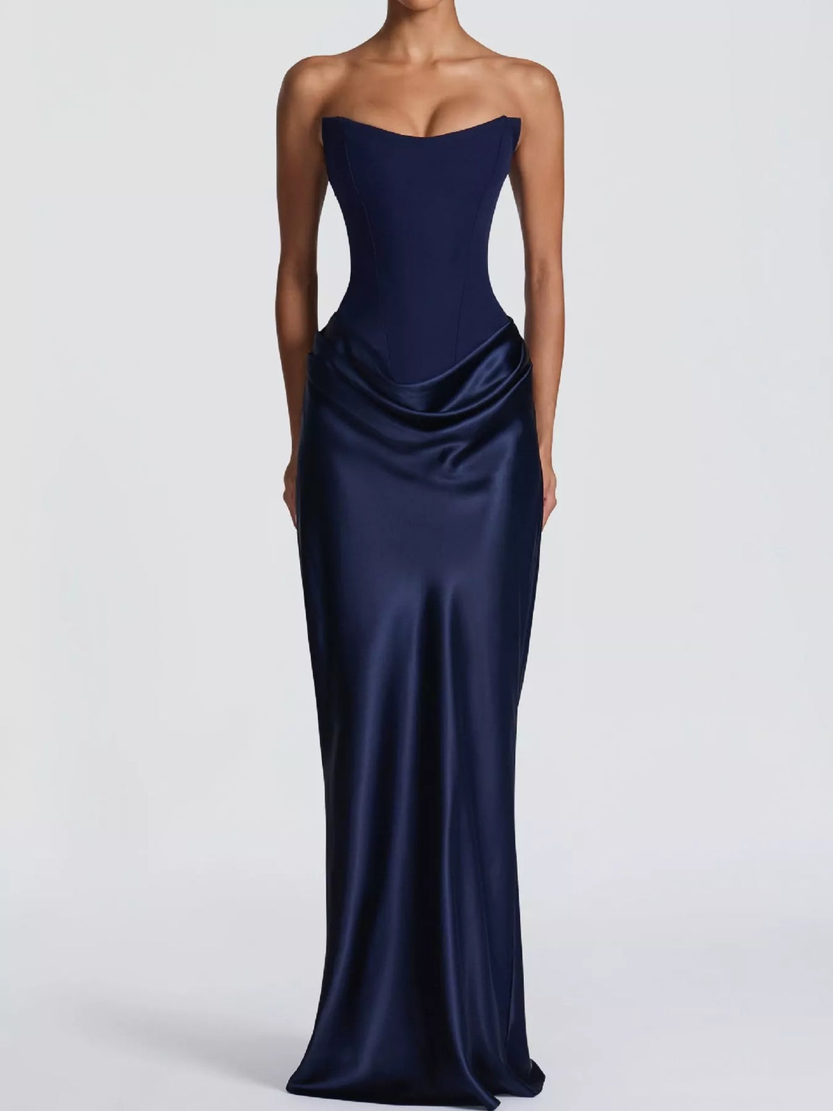 Sweetheart neck strapless maxi dress, front view on model