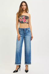 Trendsi RISEN Elastic Band Slouch Ankle Boyfriend Cuffed Hem Jeans -