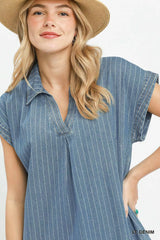 Trendsi Umgee Pinstripe Denim Collared Midi Dress with Side Slits -