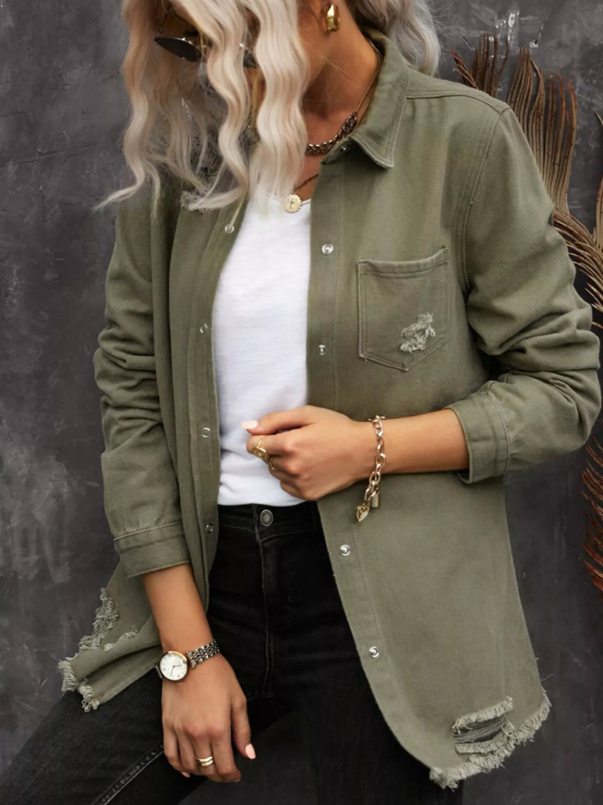 Trendsi Raw Hem Distressed Denim Shirt Jacket -