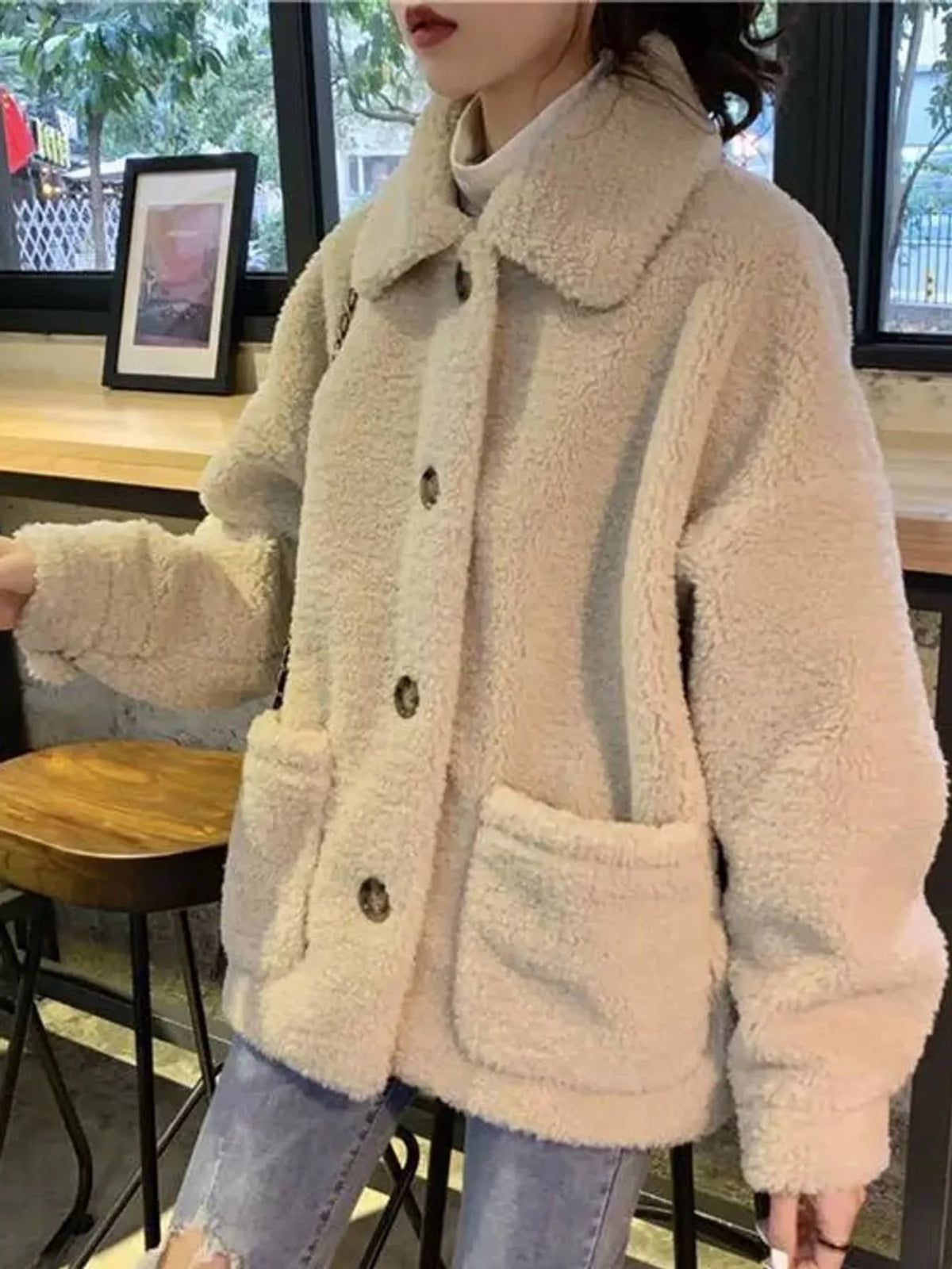 Beige button-down teddy jacket — front view