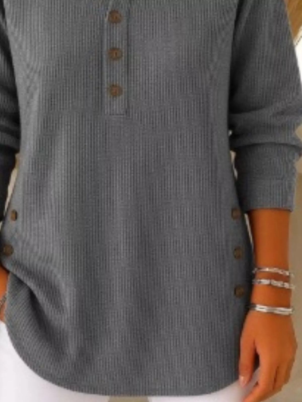 Women's Button Detail Corduroy Top in Gray, back view