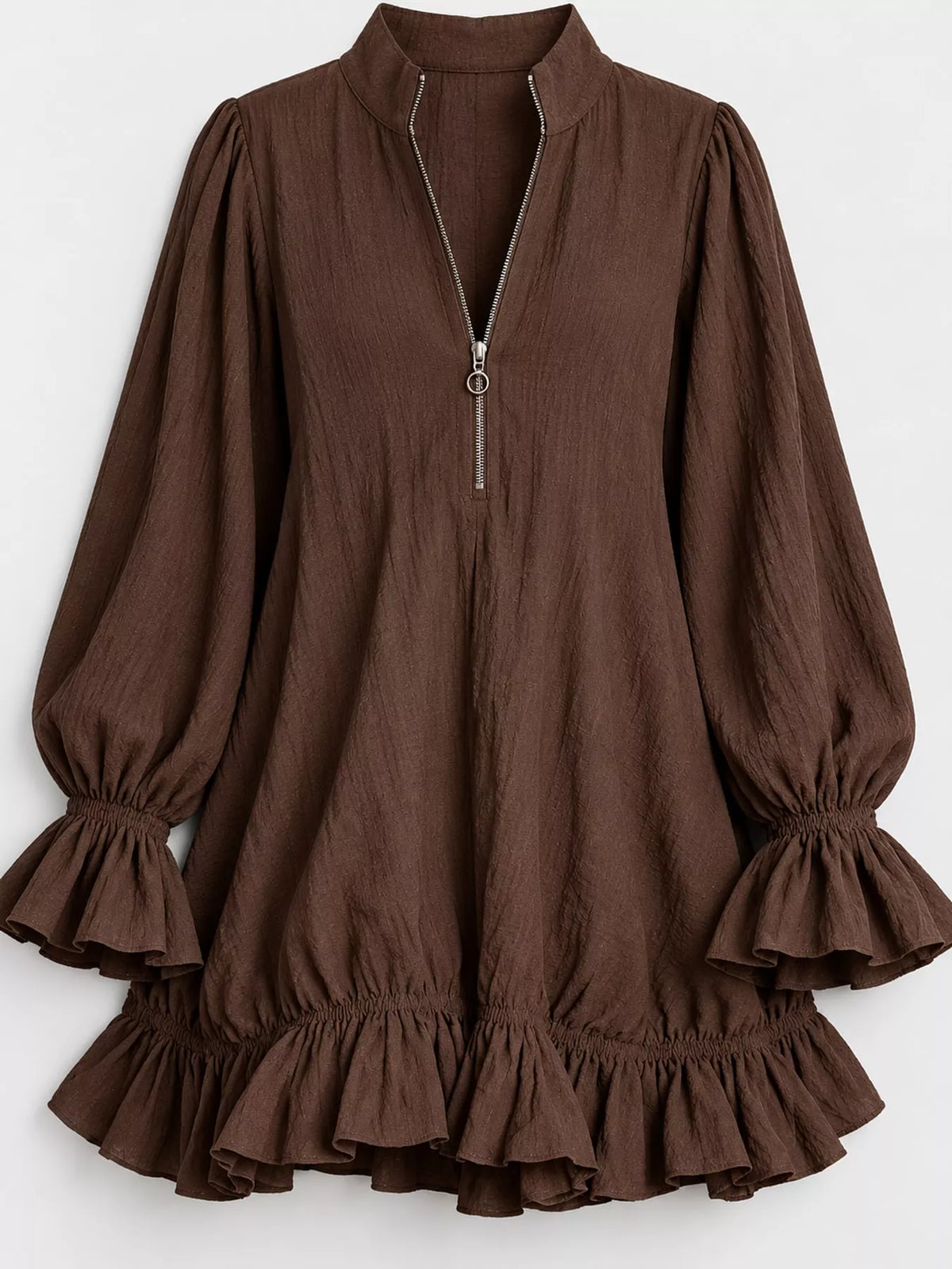 Ruffled-hem mini dress, brown ruffled cuff and hem