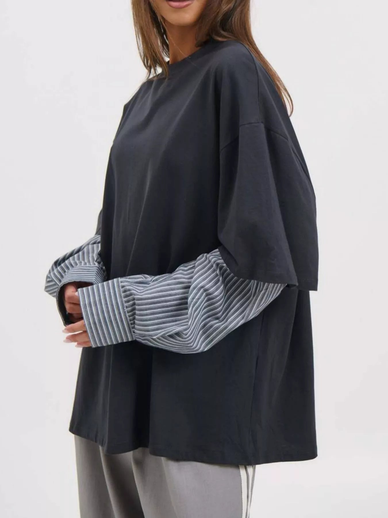 Trendsi Oversized Layered-Look T-Shirt with Striped Sleeves -