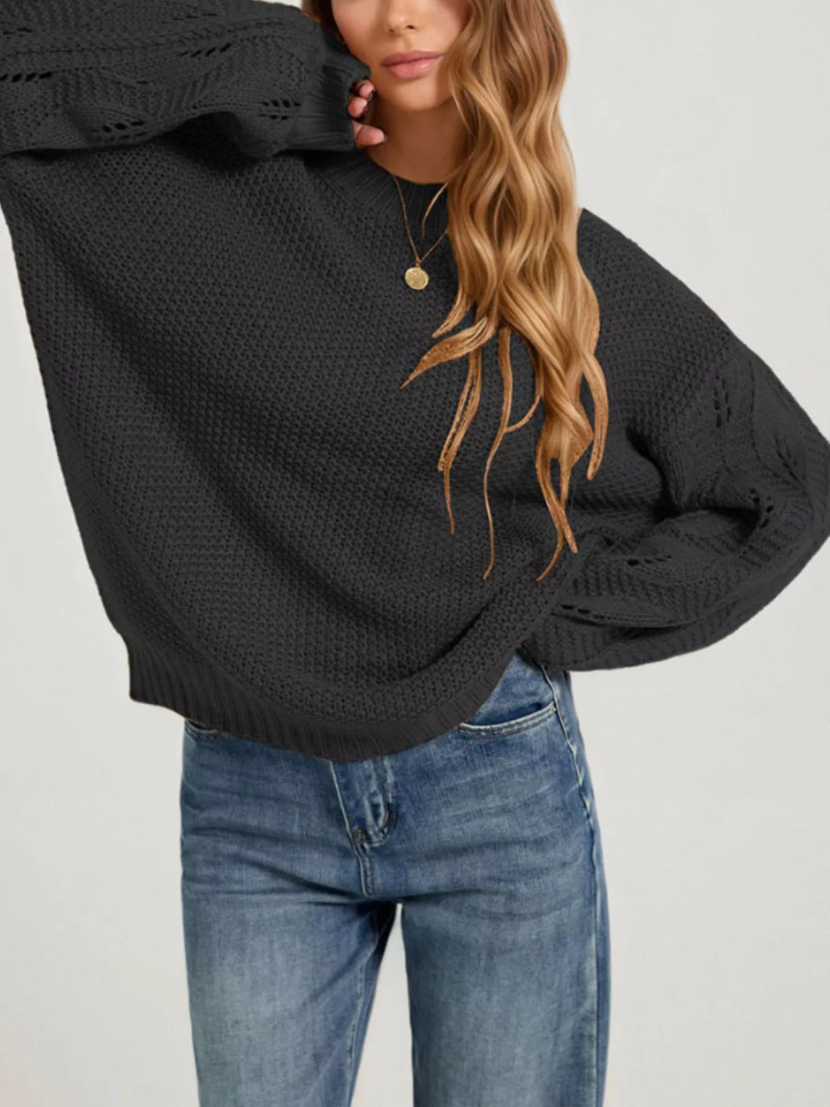 Trendsi Textured Knit Openwork Dropped Shoulder Sweater -