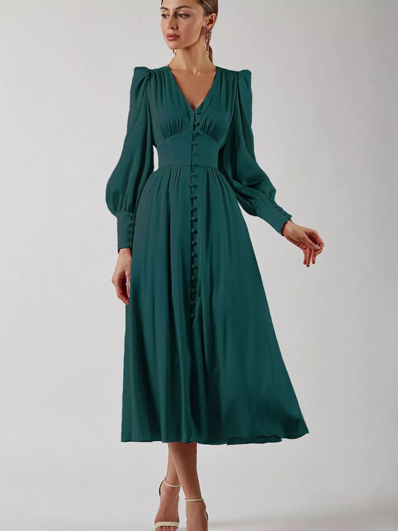 Trendsi Elegant V-Neck Puff Sleeve Button-Down Midi Dress -