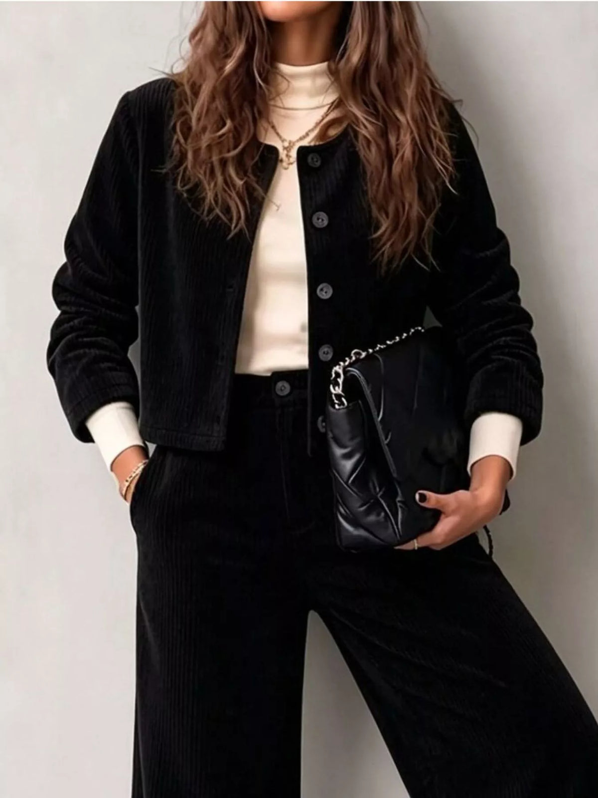 Women's Corduroy Button-Down Jacket and Wide-Leg Pants Two-Piece Set in black — top detail view