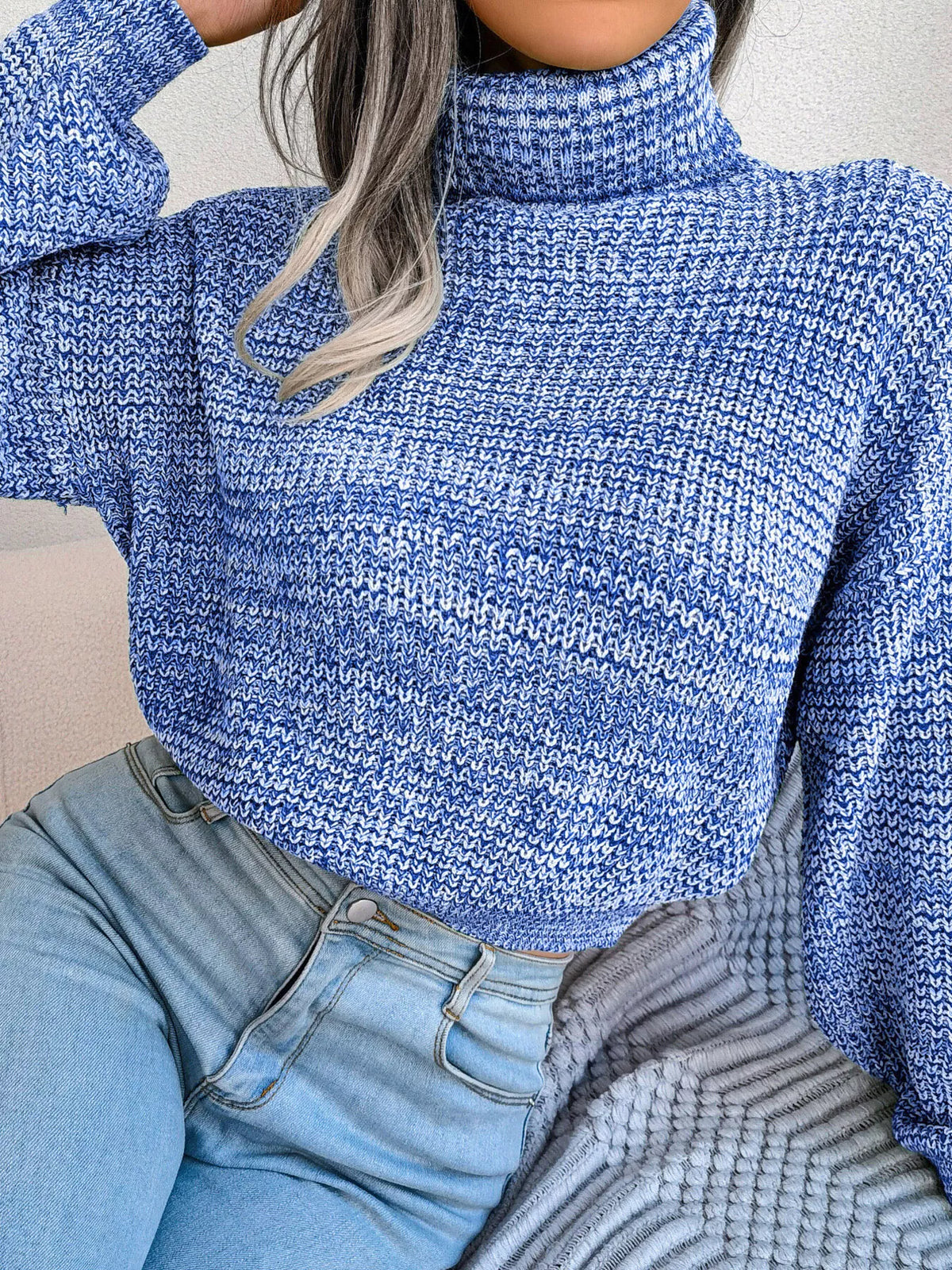 Turtleneck Dropped Shoulder Sweater in blue, front view
