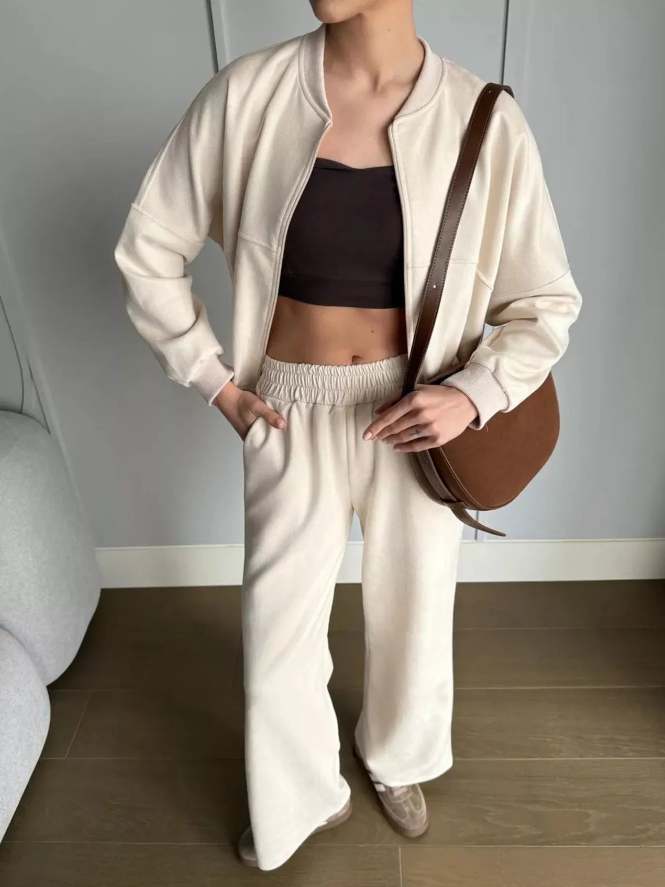 Trendsi Zip Up Sweatshirt and Wide-Leg Pants Set -