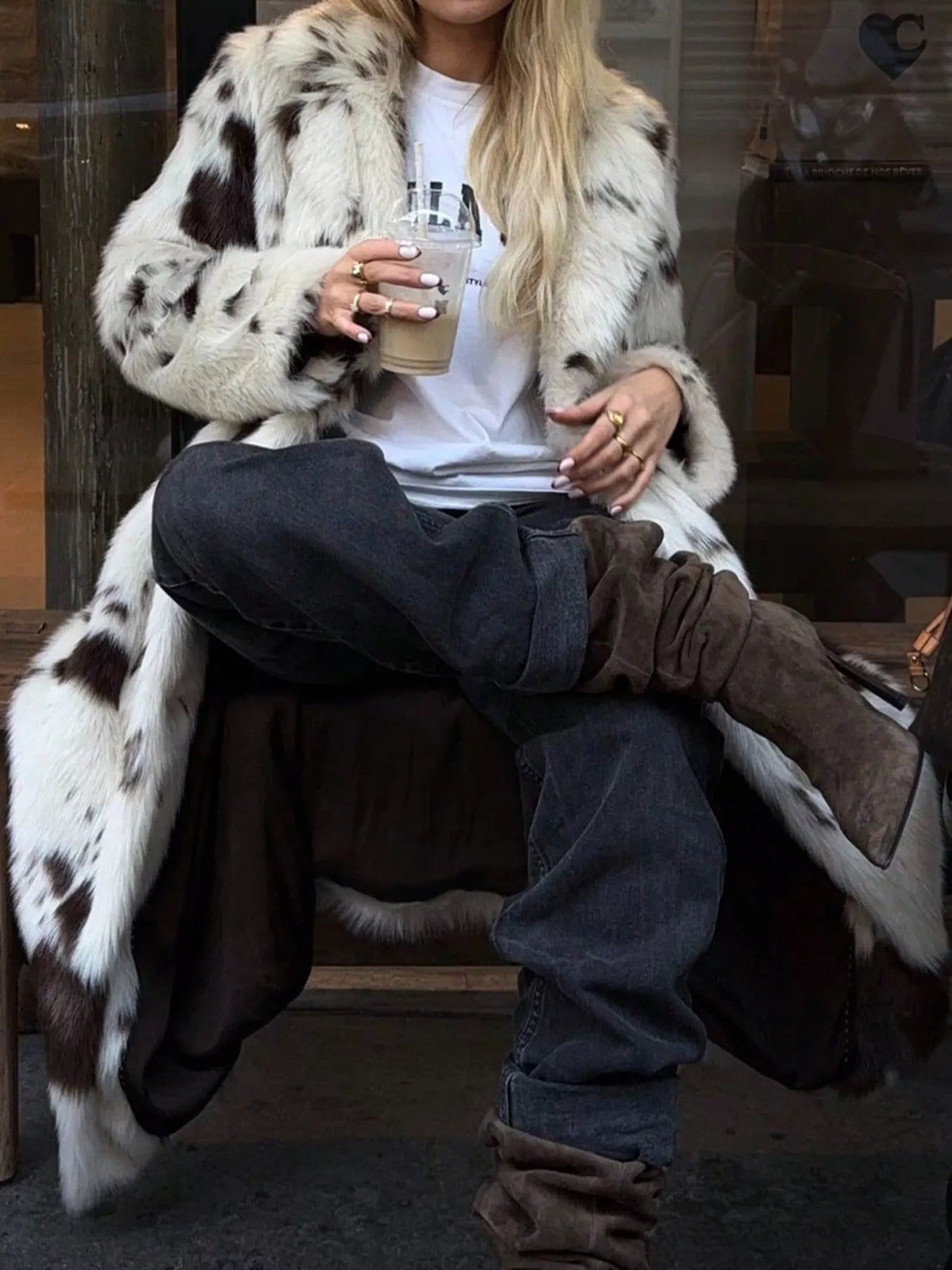 Cow Print Faux Fur Longline Coat in animal print