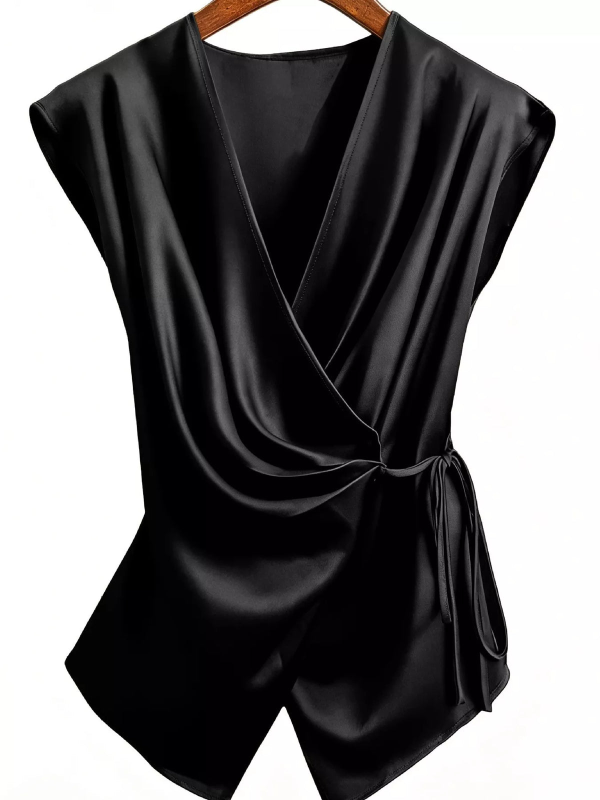 Black satin side-tie tank on hanger