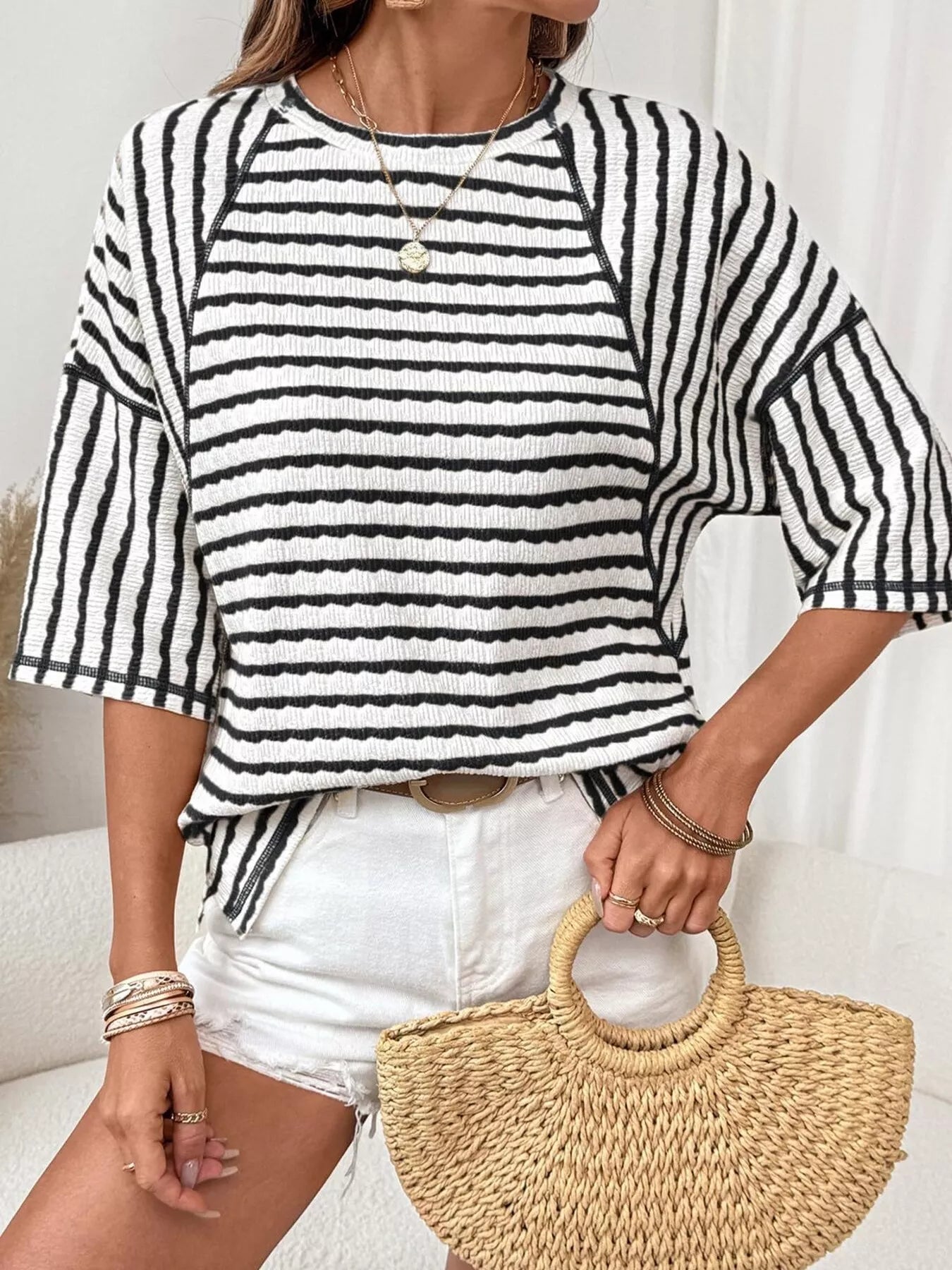 Trendsi Casual Striped Raglan Sleeve Textured T-Shirt -