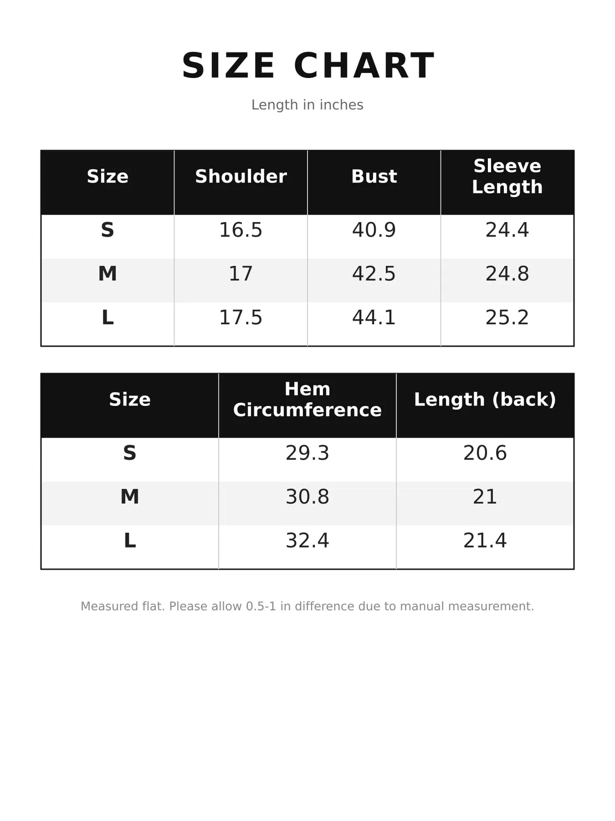 Size chart for button detail long sleeve shirt