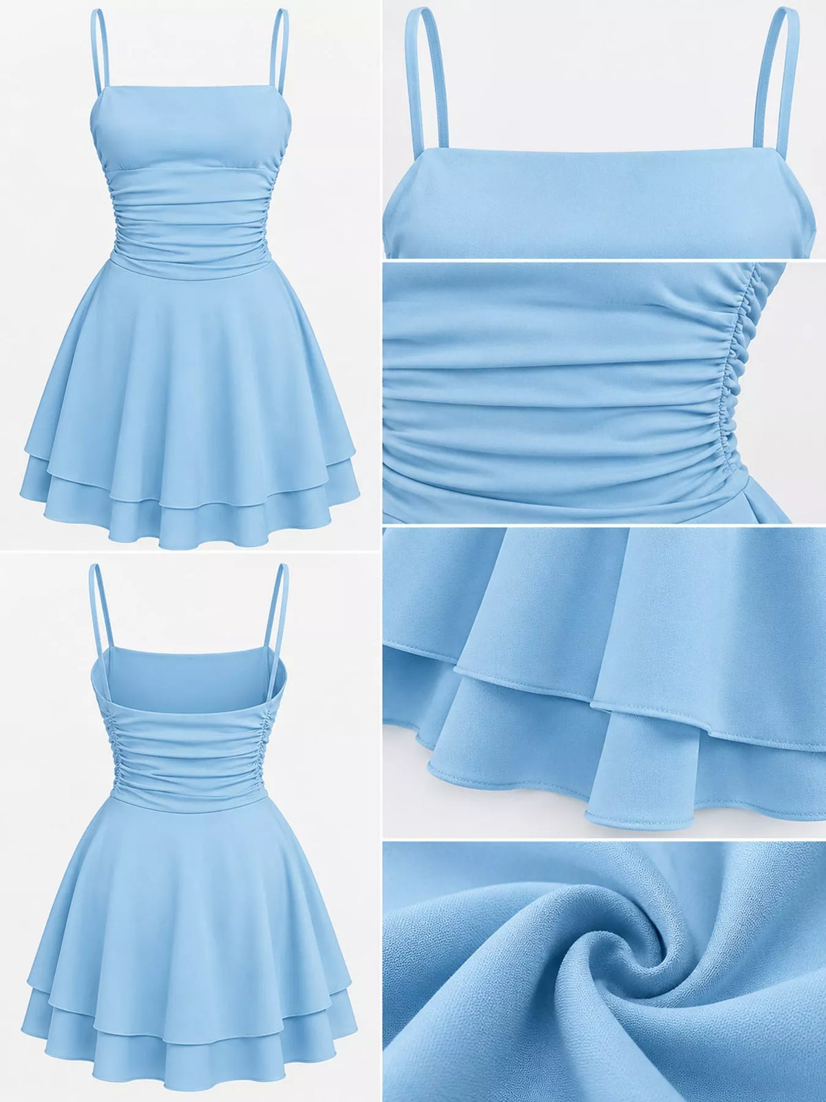 Light blue ruched spaghetti strap layered mini dress, front, back and detail collage