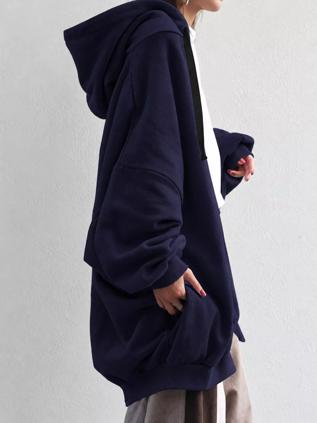 Dark Blue drawstring zip-up oversized hoodie