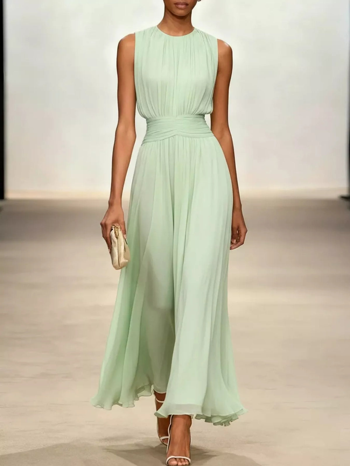 Green sleeveless ruched chiffon maxi dress, front view