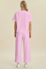 Trendsi Double Take Full Size Texture Round Neck Short Sleeve Top and Pants Set -
