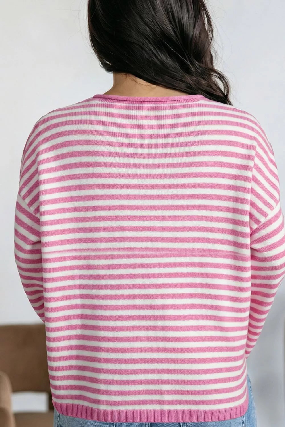Trendsi Striped Button Placket Drop Shoulder Long Sleeve Sweater -