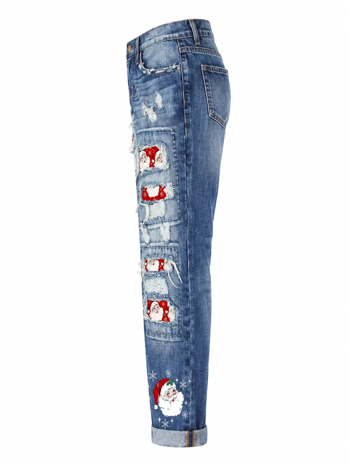Blue distressed santa claus print jeans, side view