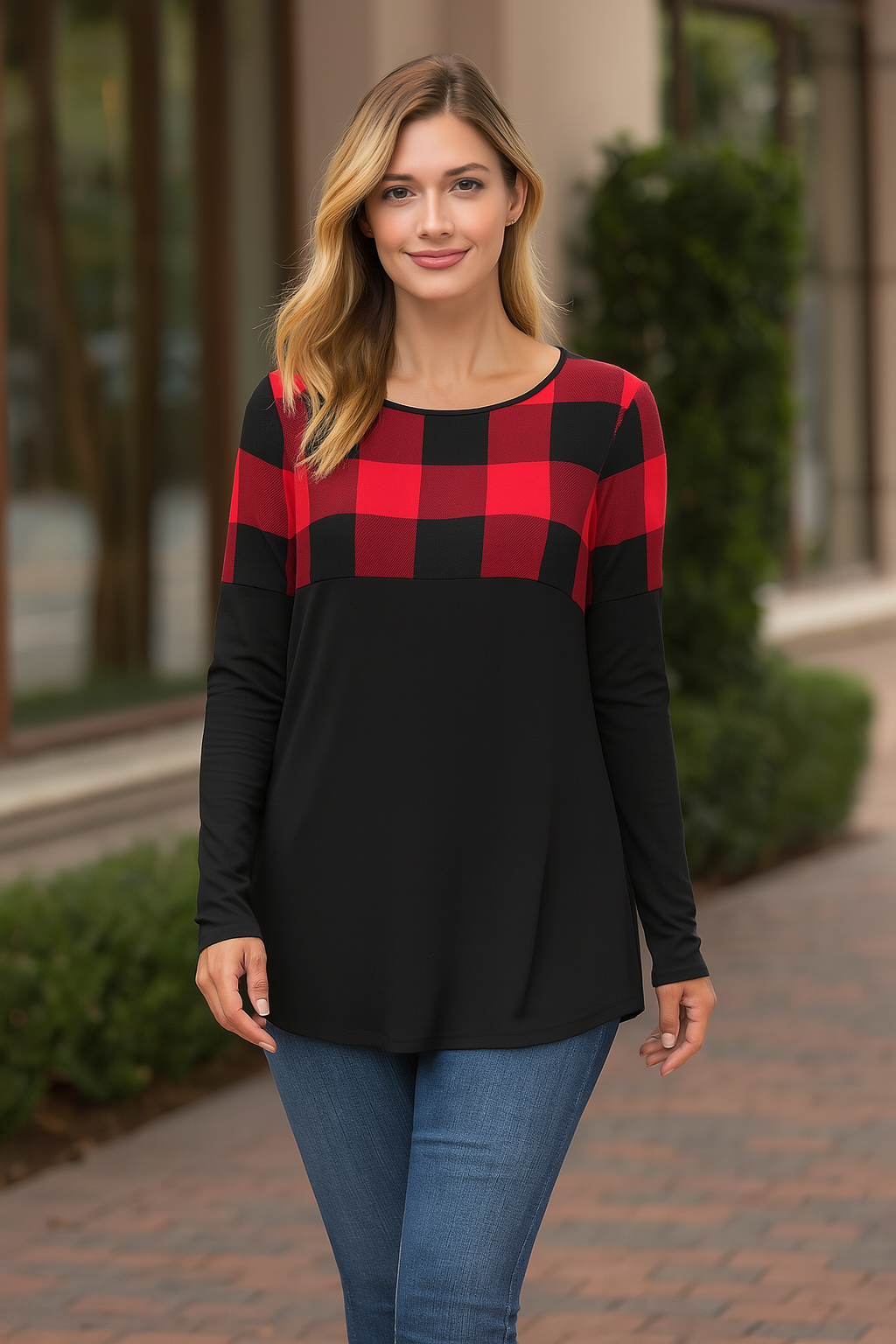 Zenana Plaid Colorblock Long Sleeve Shirt - Tunics sb_tops