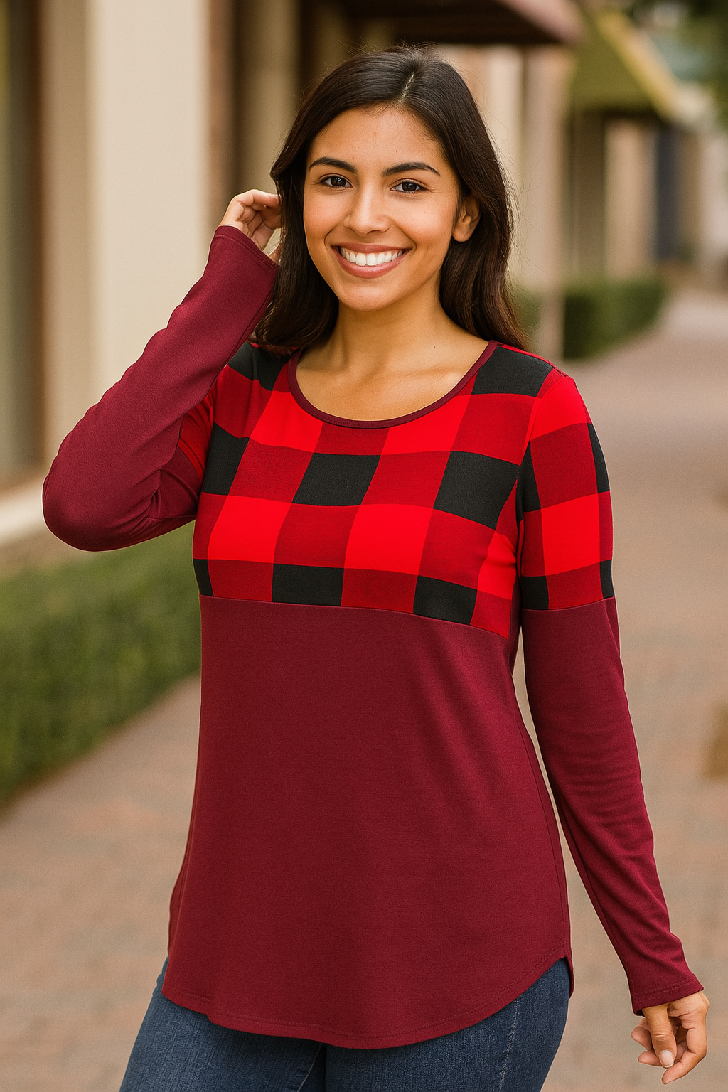 Zenana Plaid Colorblock Long Sleeve Shirt - Tunics sb_tops